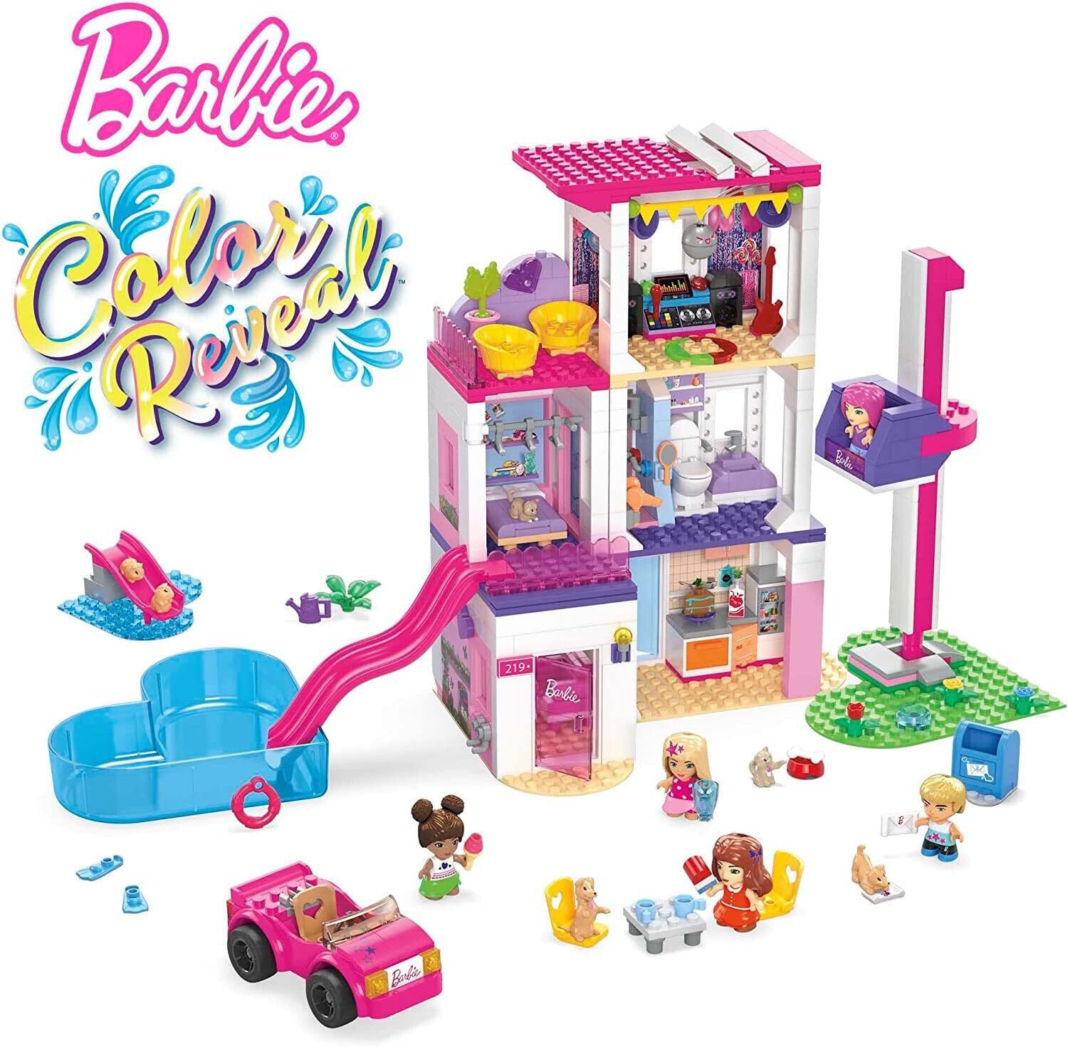 MEGA Barbie Color Reveal Building Toys Set, DreamHouse with 545 Pieces, 5 Micro-Dolls, 6 Pets and Accessories, 30 + Surprises, Kids Ages 6+ Years