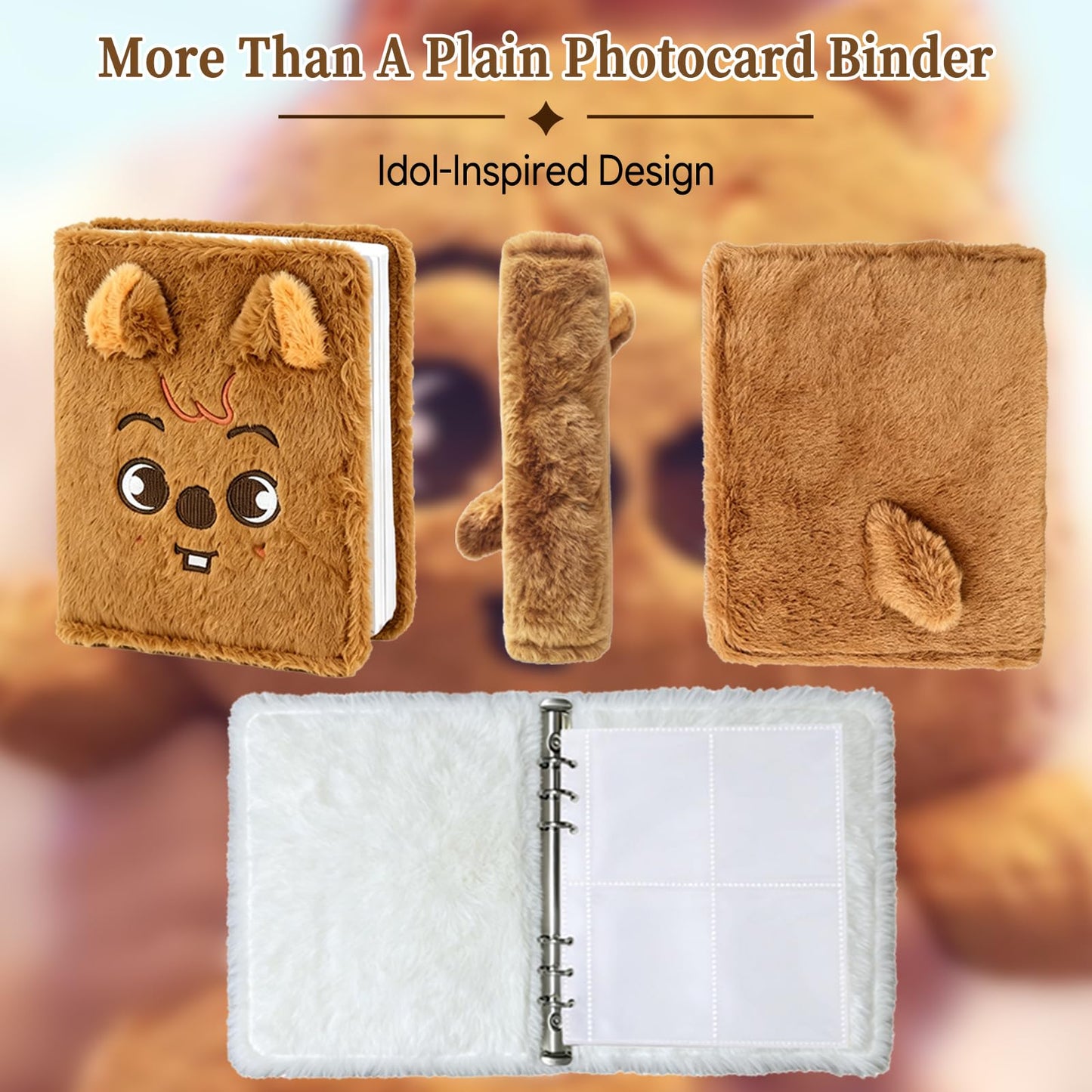 Cute Plush Kpop Photocard Binder, 4-Pocket Photo Card Album with 20 Double-Sided Sleeves, 160 Pockets, Soft Bear Cover 6-Ring Card Holder Book for