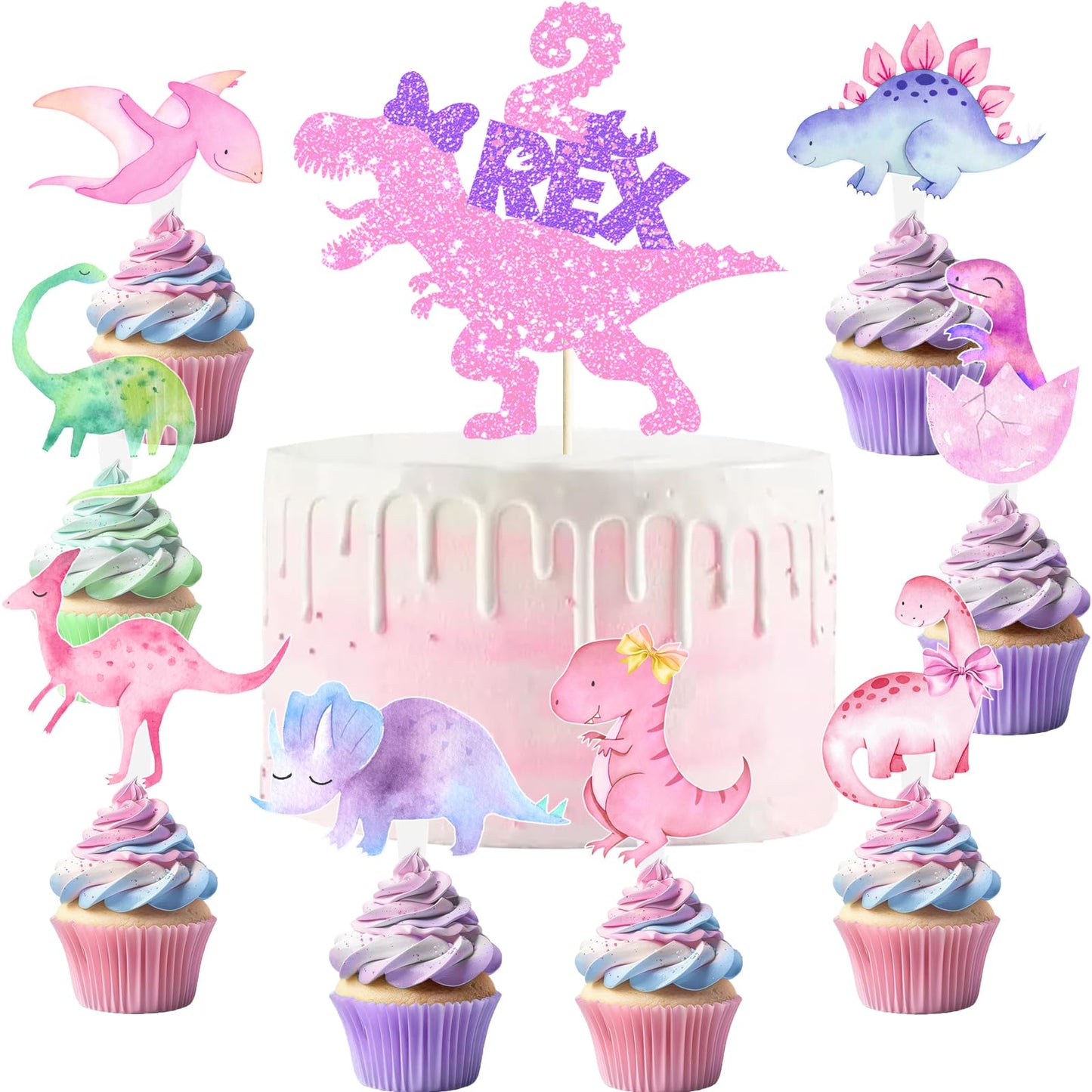 211 Pcs Dinosaur 2nd Birthday Party Supplies, Girl Dino Two Rex Birthday Decorations, 20 Serves Include Paper Plates, Cups, Napkins, Tablecloth, Cake