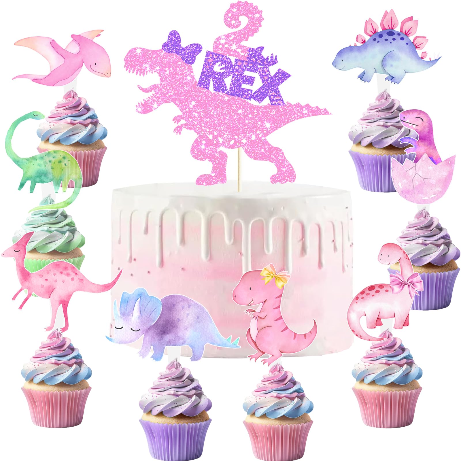 211 Pcs Dinosaur 2nd Birthday Party Supplies, Girl Dino Two Rex Birthday Decorations, 20 Serves Include Paper Plates, Cups, Napkins, Tablecloth, Cake