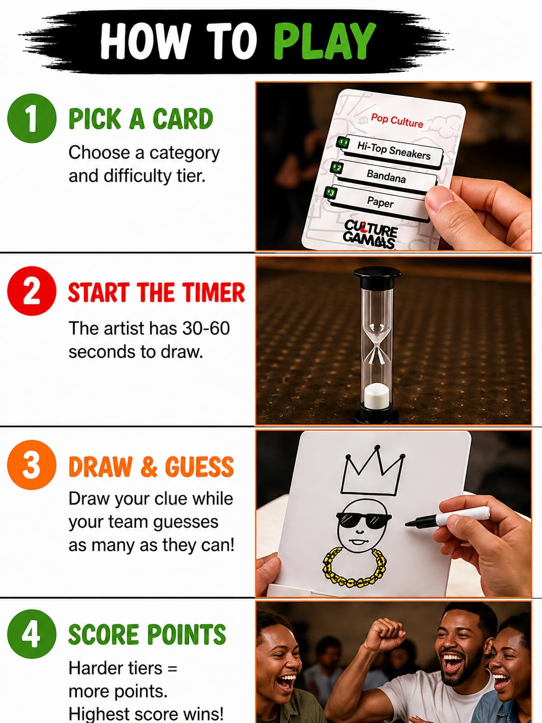 CP TIME Culture Canvas Drawing Party Game Celebrating Black Culture, 300+ Cards, 7 Categories, with Whiteboard, Markers, and Sand Timer, for Ages 8
