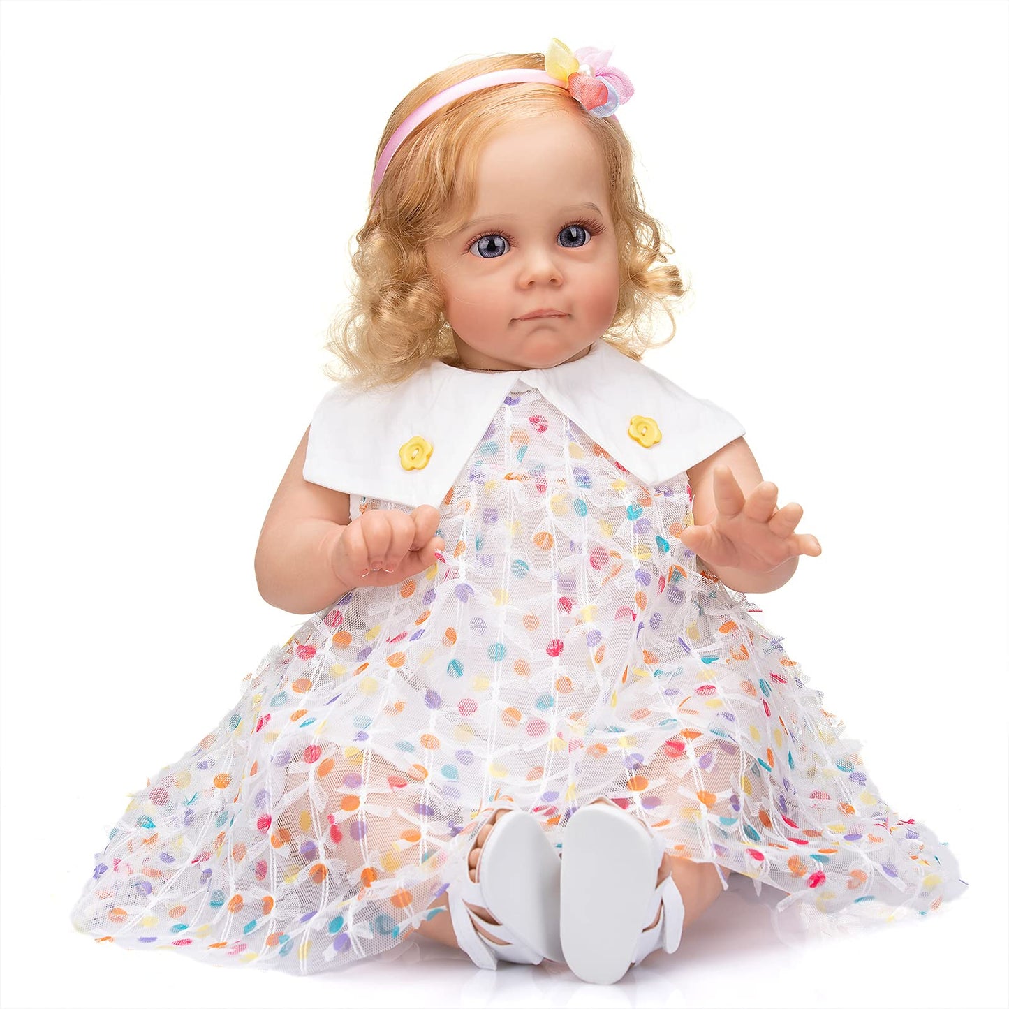 KOKOMANDY Realistic Reborn Toddler Dolls Girls 24 Inch Soft Cloth Body Silicone Baby Doll Cuter Weighted Baby Real Size Blonde Curly Hair Blue Eyes