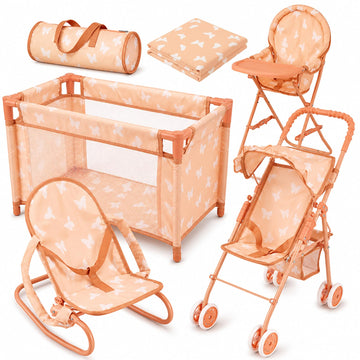 4-in-1 Baby Doll Stroller Set with Butterfly Design - Includes Toy Stroller, Crib, Bouncer & High Chair - Doll Accessories & Baby Doll Furniture Set
