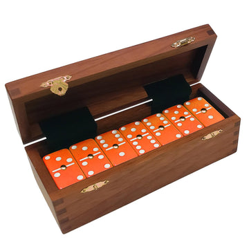 Marion Domino Double Six Orange-White Spots Jumbo Tournament Professional Size with Spinners in Dovetail Sheesham Wood Box.