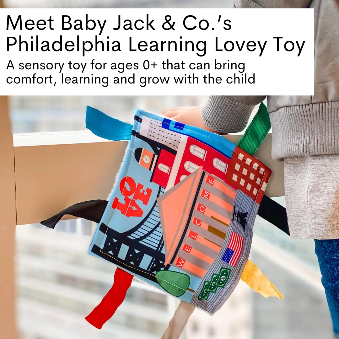 Baby Jack & Co 8x8” Learning Lovey Philadelphia Pennsylvania Tag Toys for Babies - Baby Crinkle Toys - Soft & Safe - Learn USA Cities and Shapes