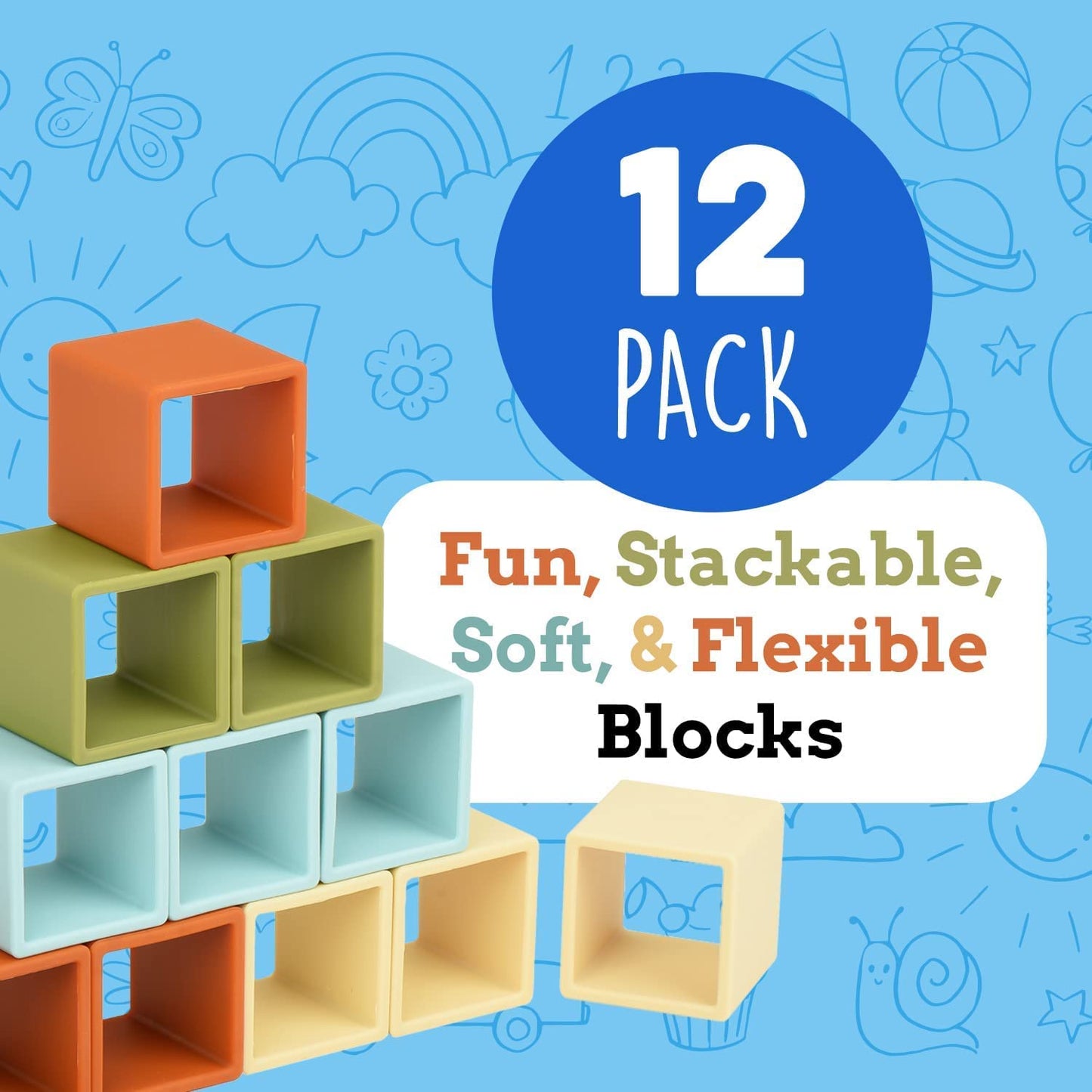Impresa Blocks for Toddlers 1-3 - 12 Pack, 2-Inch Multicolor Silicone - Flexible Silicone Blocks for Sensory Play & Teething Toy