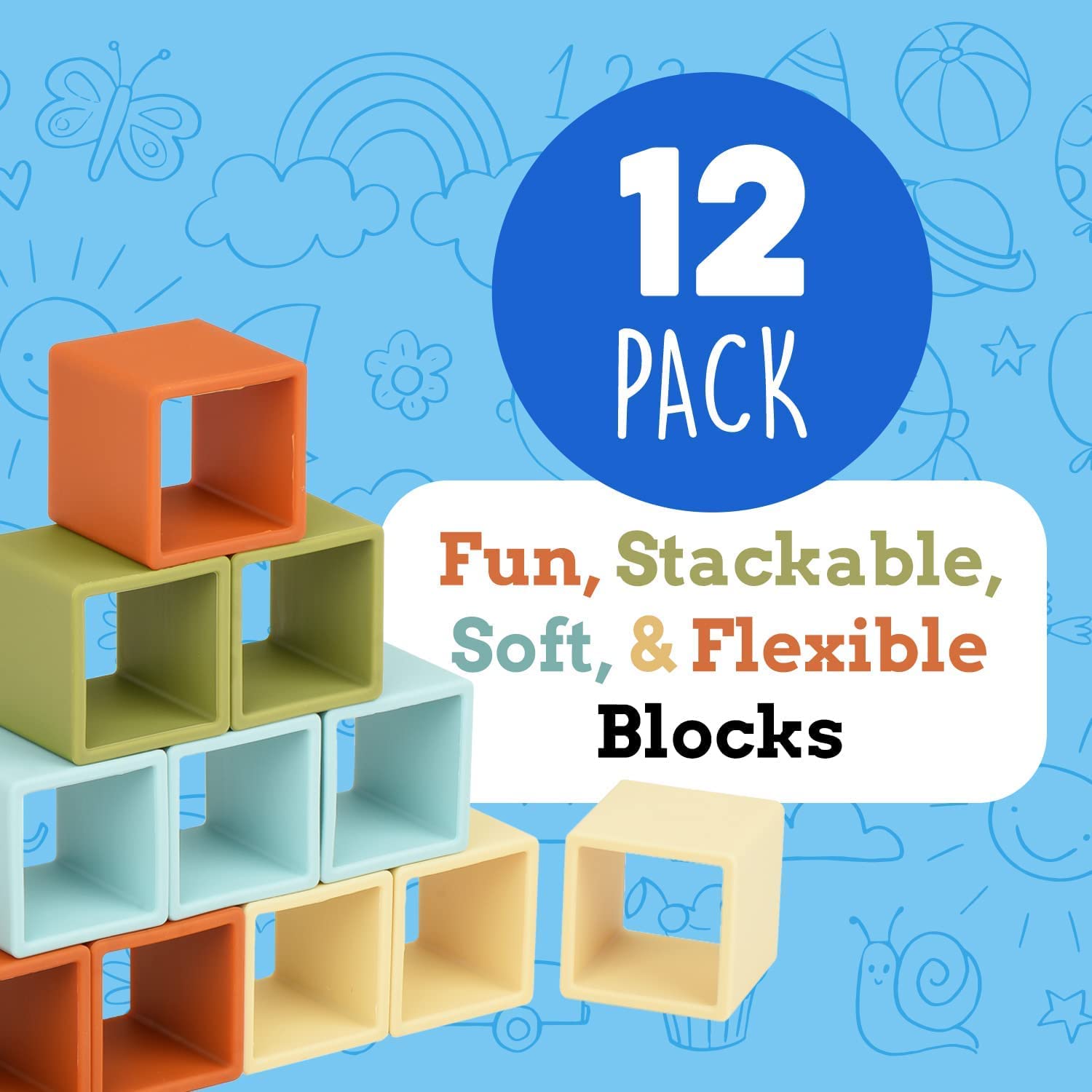 Impresa Blocks for Toddlers 1-3 - 12 Pack, 2-Inch Multicolor Silicone - Flexible Silicone Blocks for Sensory Play & Teething Toy