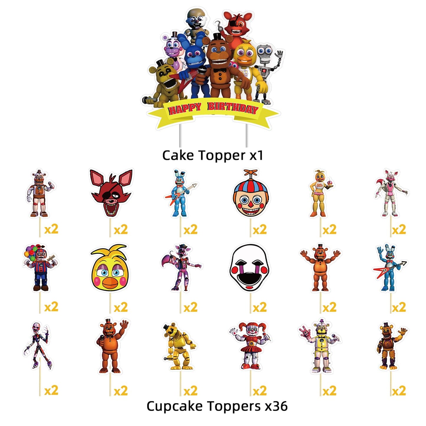 Genshii 37pcs 5 Nights cake decoration set include 1pc big cake topper 36pcs cupcake toppers for Freddy's Theme birthday party decor (FNAF)