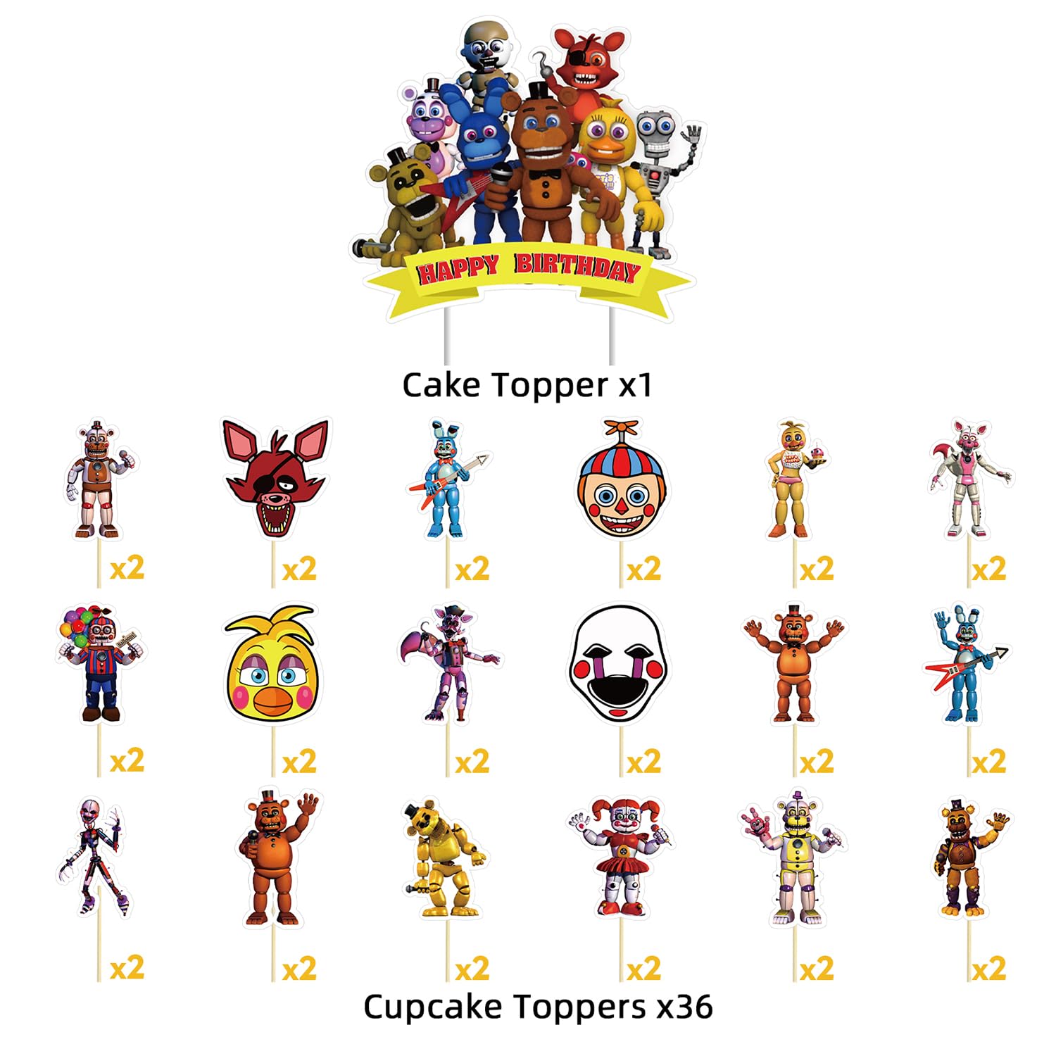 Genshii 37pcs 5 Nights cake decoration set include 1pc big cake topper 36pcs cupcake toppers for Freddy's Theme birthday party decor (FNAF)