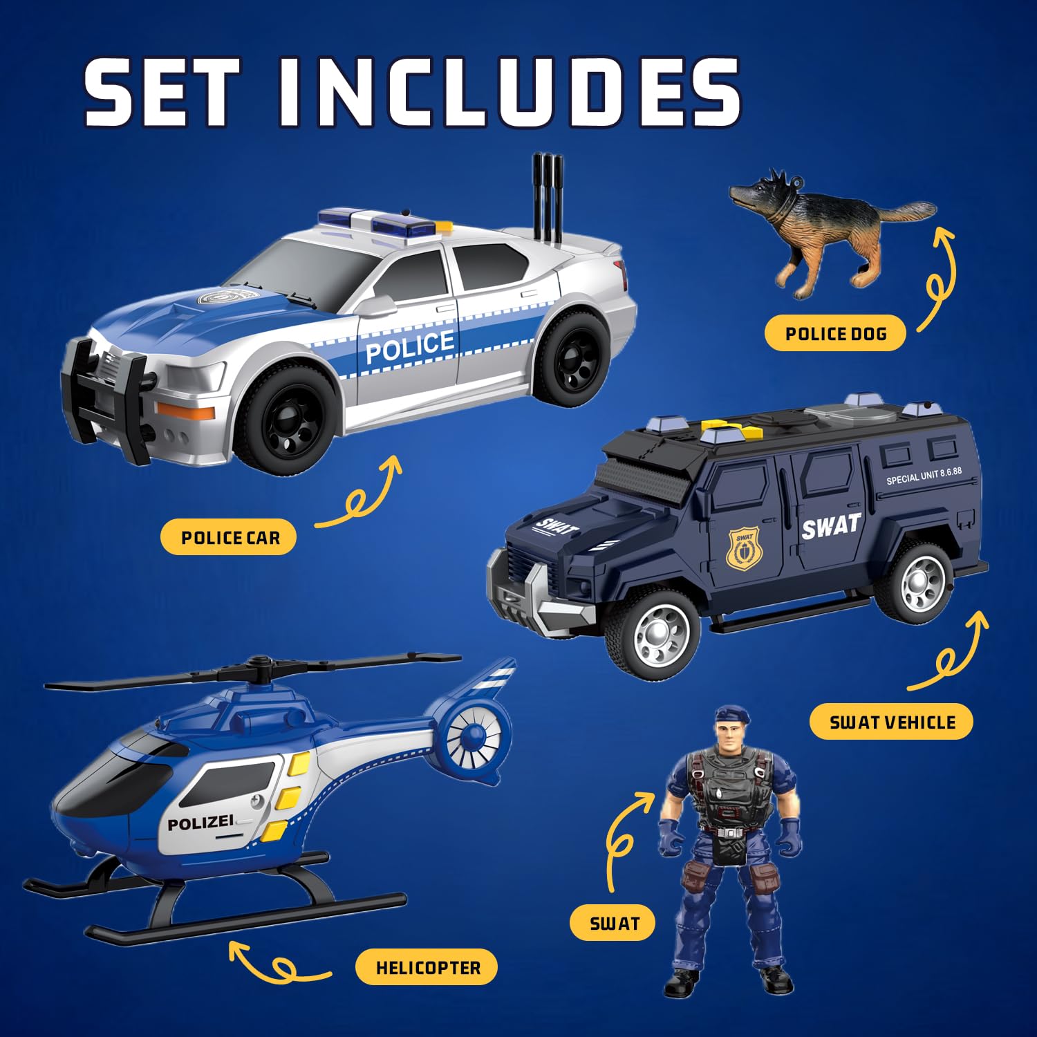 ToyFinity Police Car Toy Set | Cop Vehicle Toys for Kids | Cop Car, SWAT Armored Vehicle, Helicopter & Action Figures | 1:32 Model Scale Police Toys |