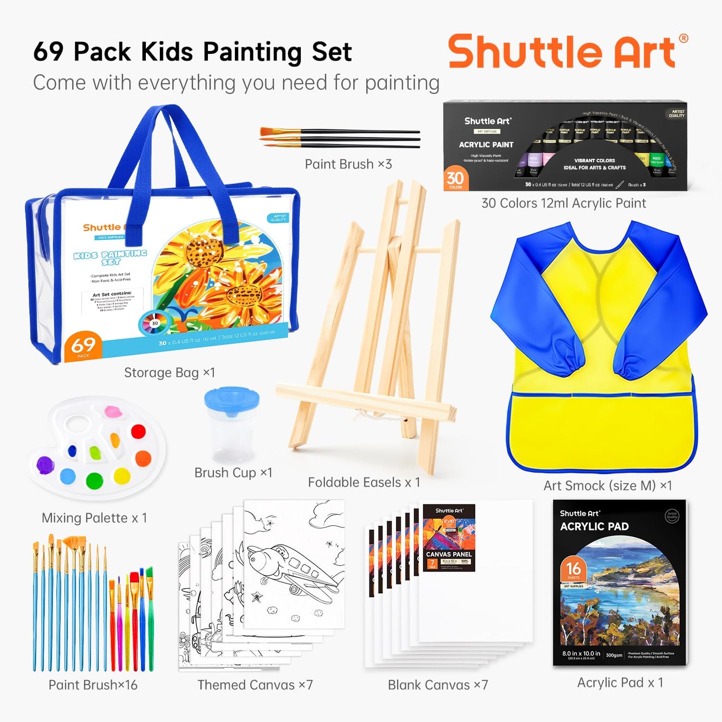 69 Pack Kids Paint Set, Shuttle Art Art Set for Kids with 30 Colors Acrylic Paint, Wood Easel, Canvas, Painting Pad, Brushes, Palette and Smock