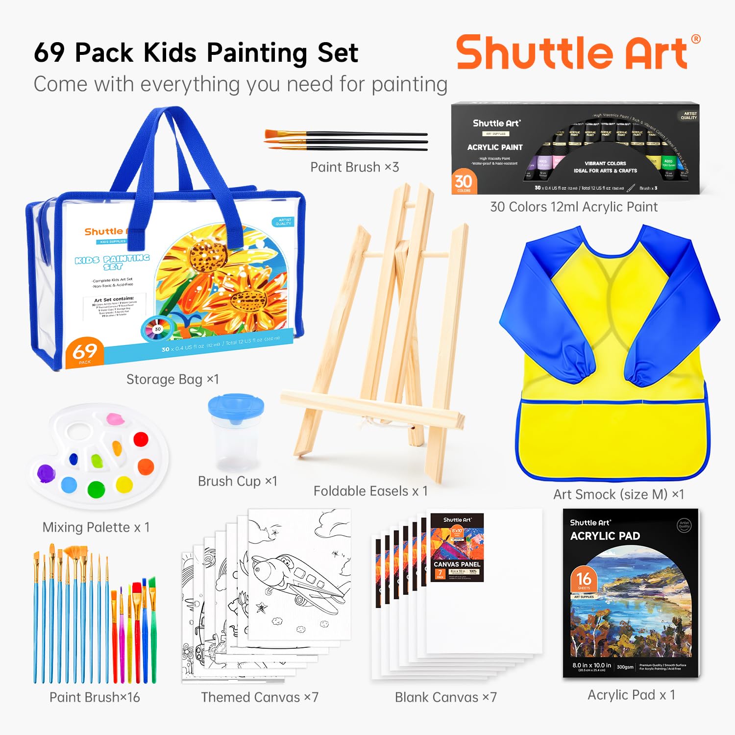 69 Pack Kids Paint Set, Shuttle Art Art Set for Kids with 30 Colors Acrylic Paint, Wood Easel, Canvas, Painting Pad, Brushes, Palette and Smock