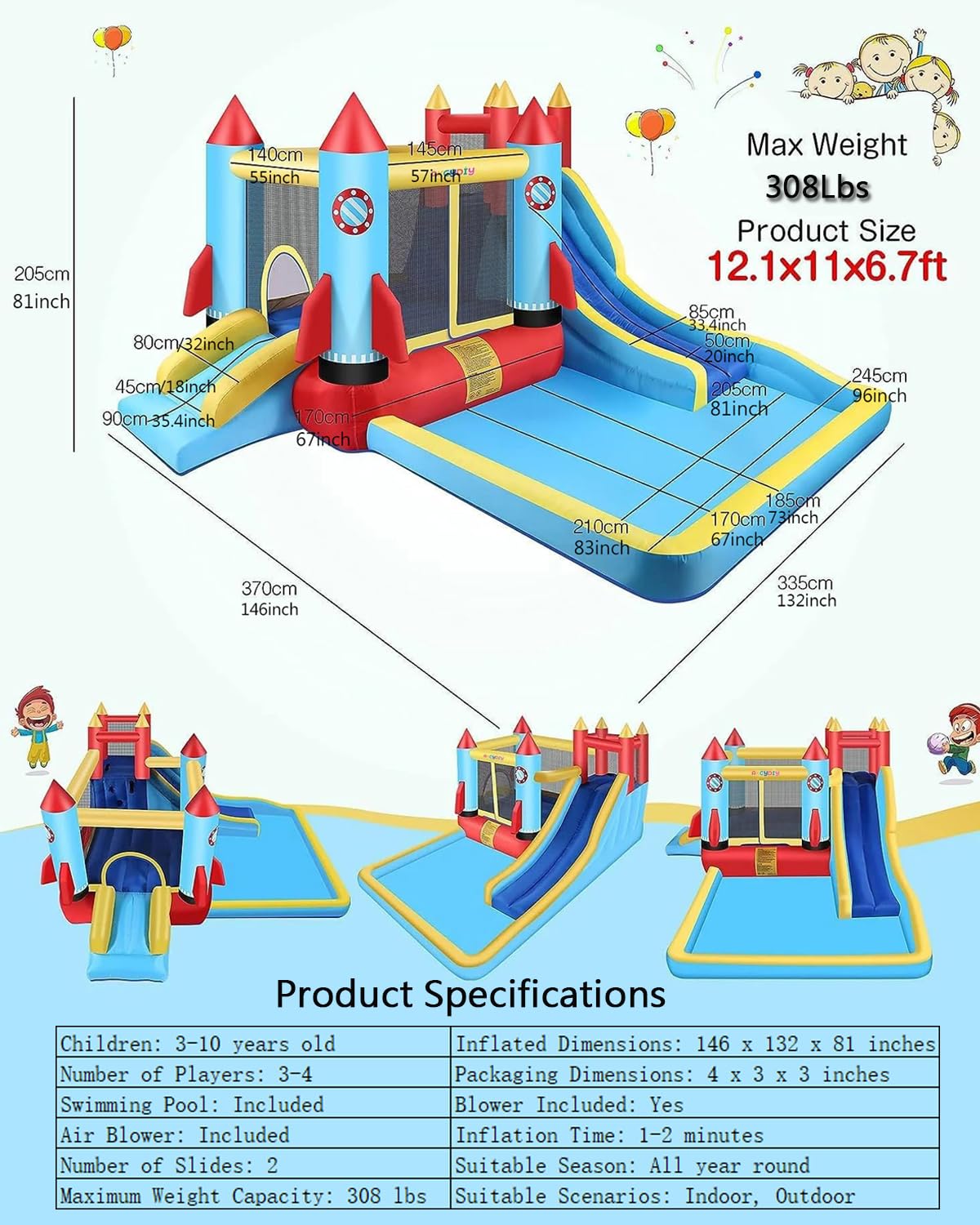 AKEYDIY Bounce House for Big Kids 8-12, Rocket Theme Kids Inflatable Bounce House for 3-6,with Slide,Climbing Wall,Bouncer Area,Pool, Bounce Castle