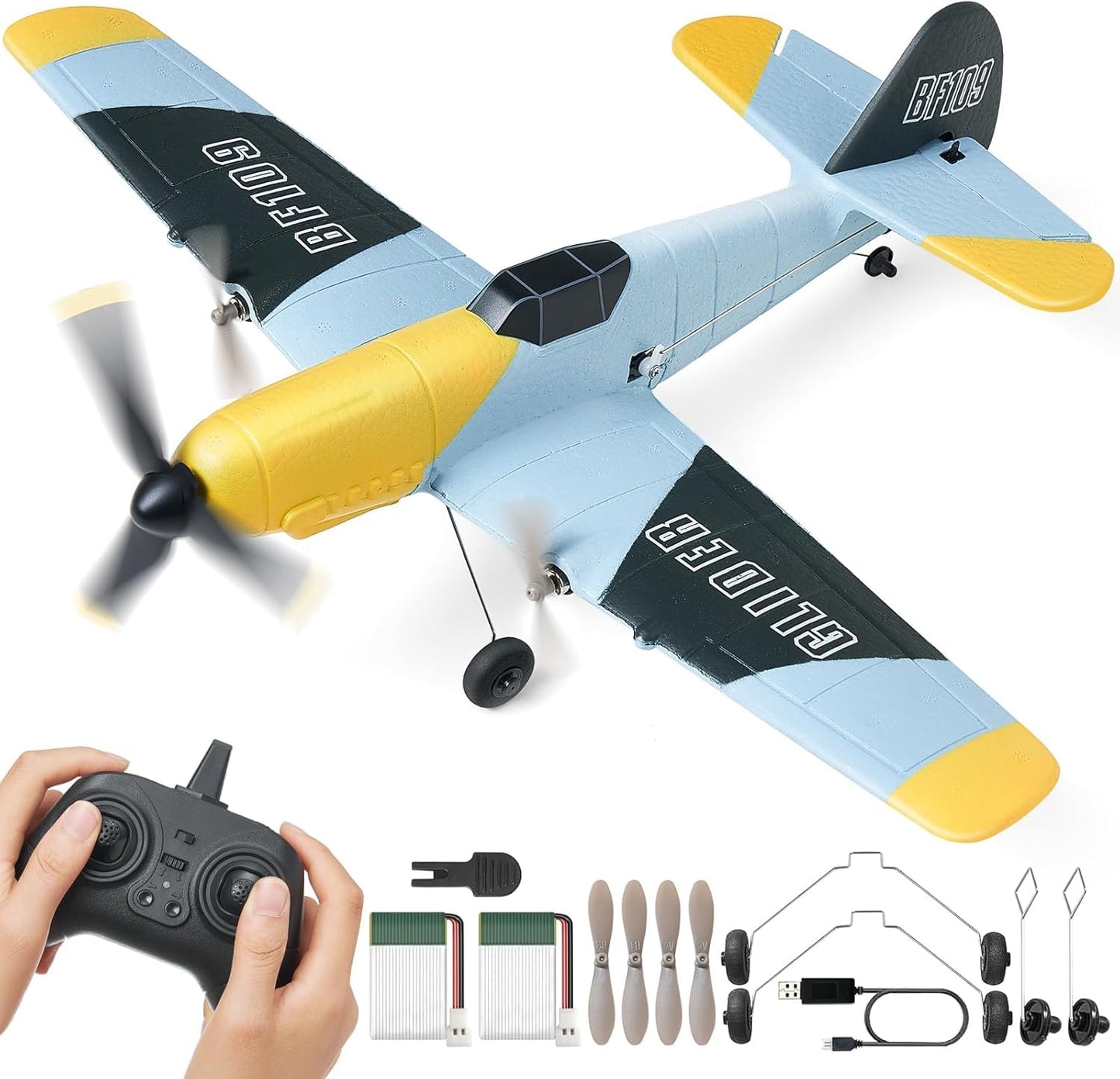 VEVOR RC Plane, 2.4GHZ 3 Channel RC Airplane with 6-Axis Gyro Stabilizer&2 Batteries, Ready to Fly BF-109 Fighter Aircraft Plane Toy for Adults