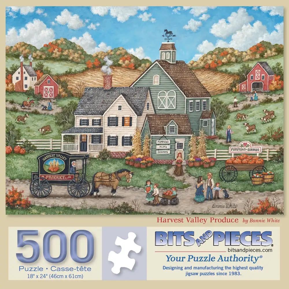 Bits and Pieces - Value Set of 3 Jigsaw Puzzles for Adults 500 Pieces - Rustic Farm Seasons Collection Featuring Summer, Winter, and Fall Countryside