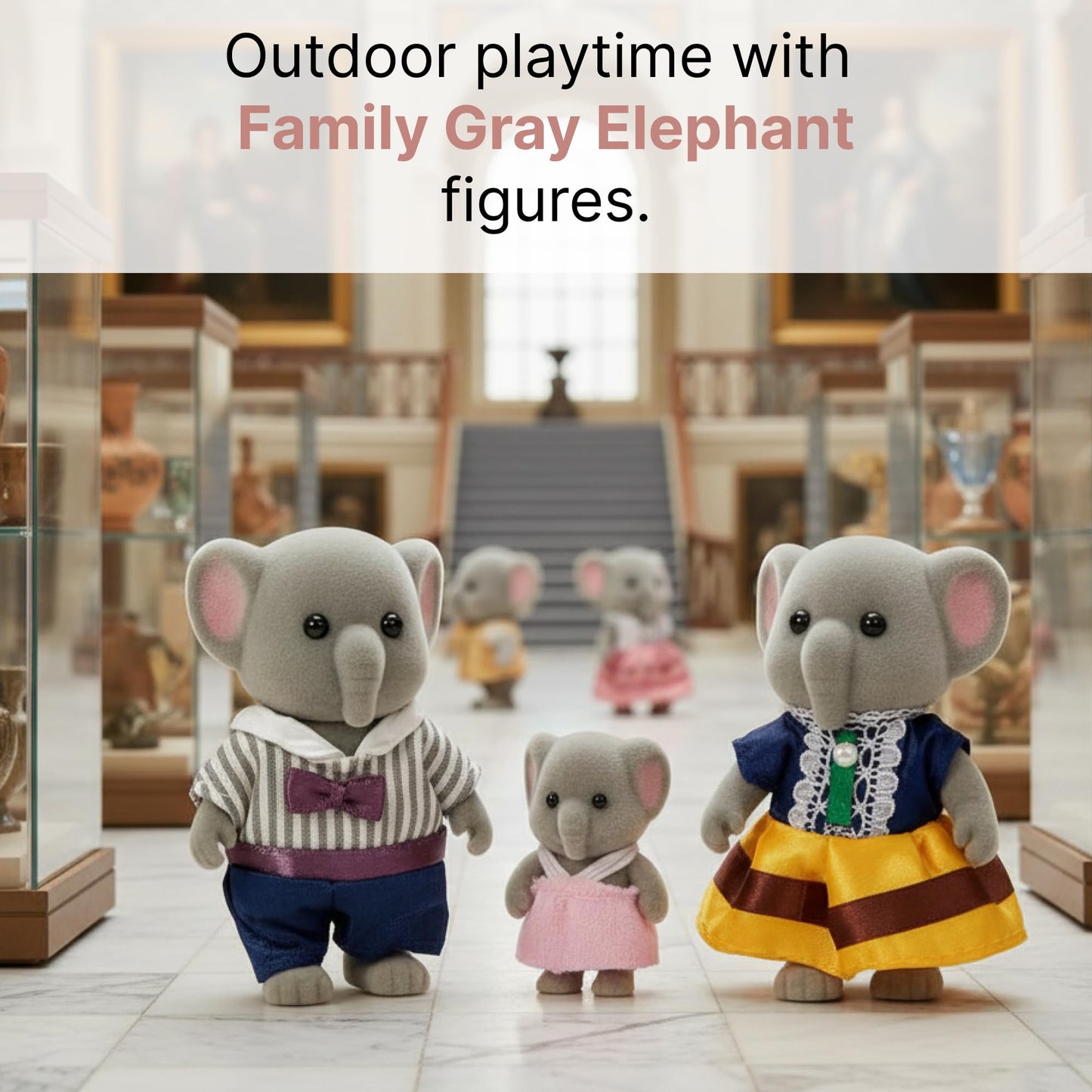 OLEOCA Family Gray Elephant Figures - Set of 3 Collectible Flocked Mini Dolls with Removable Clothes, Miniature Dollhouse Pretend Play Figures for