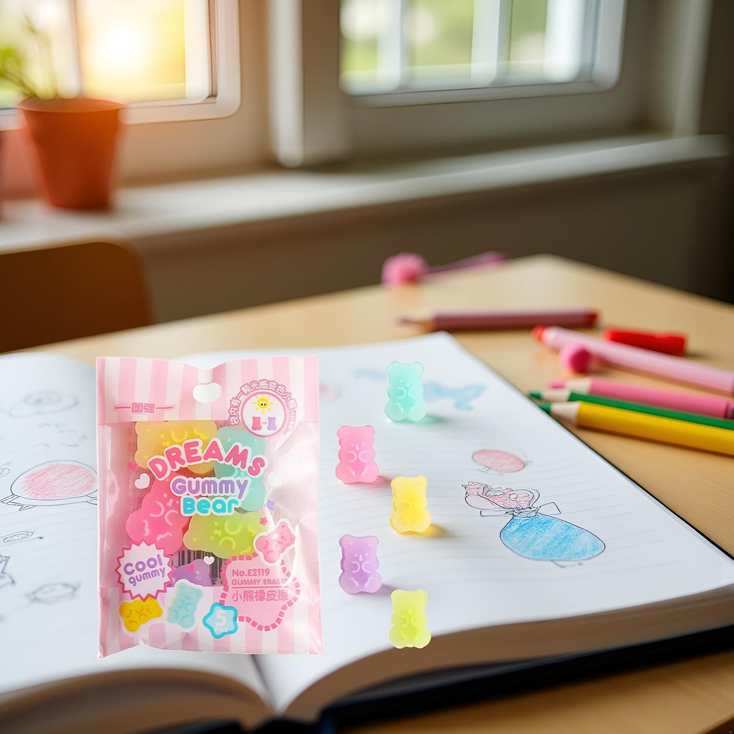 5Pcs Colorful Cute Erasers for Kids, Erasers Animals, Interactive Eraser Pets, Cartoon Bear Pencil Erasers, Stationery Supplies or Students, Drawing