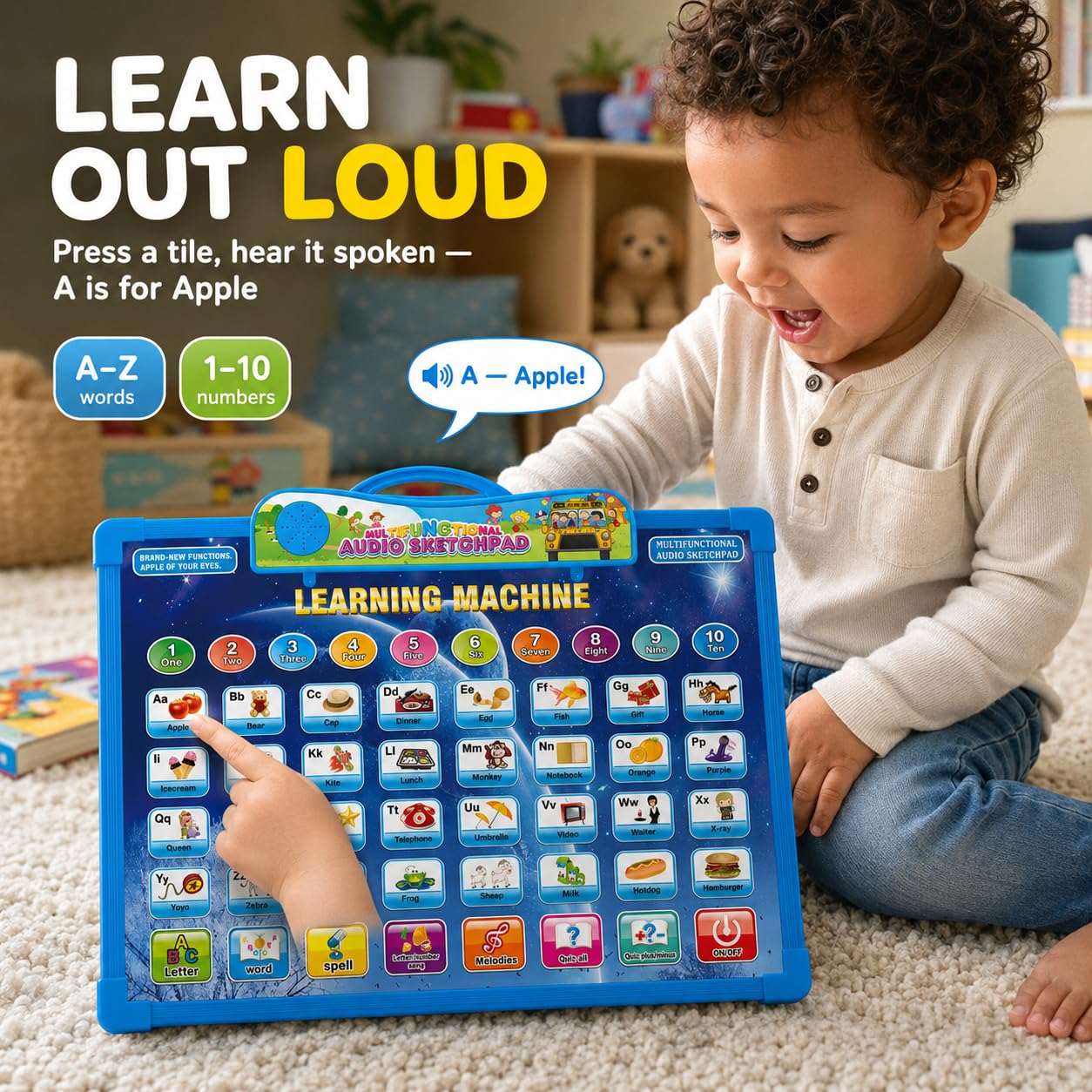 2-in-1 Learning Machine to Teach Children Words, Numbers, Letters, Math, Object Sounds, with Quizzes and Songs + White Board Drawing with Marker