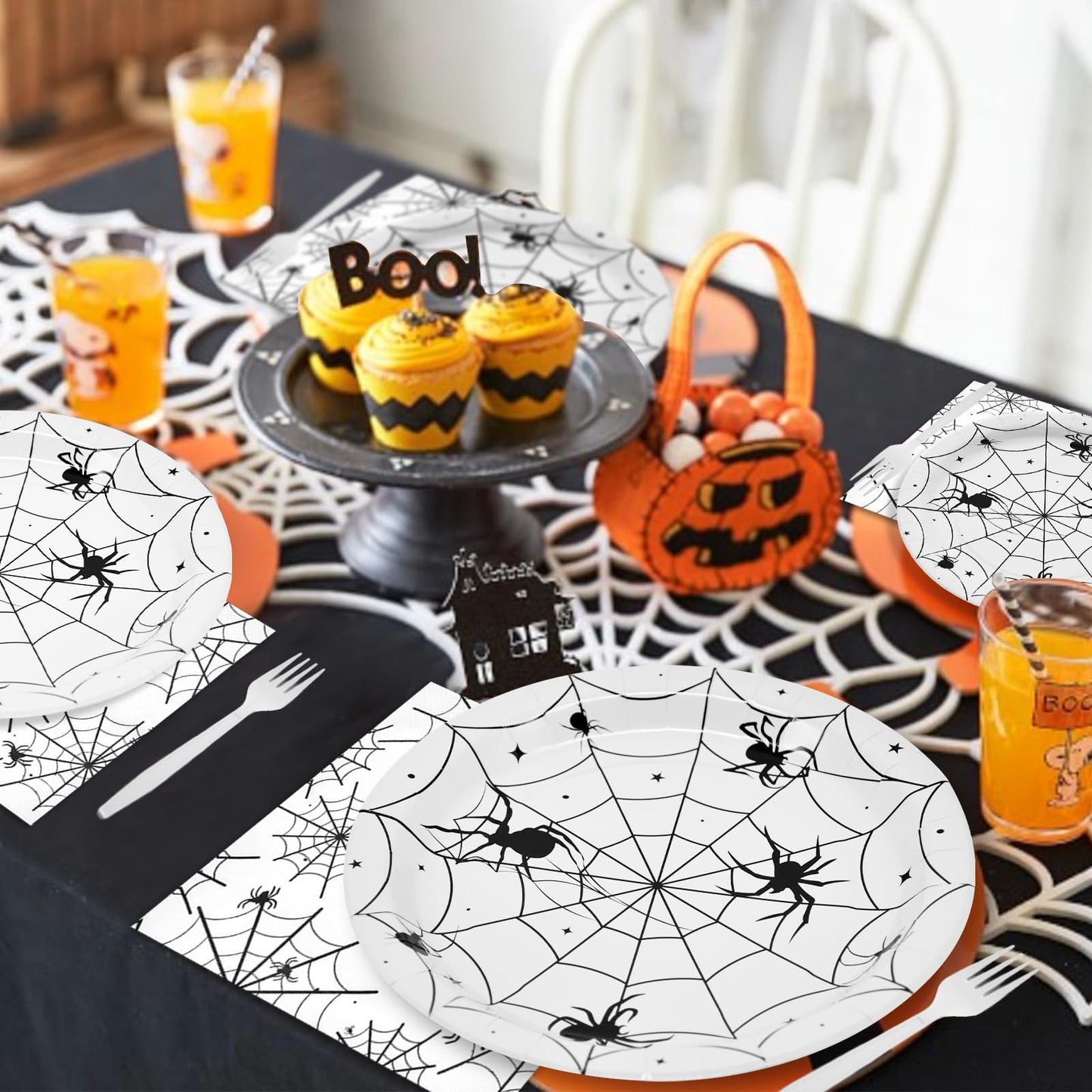 96 Pieces Halloween Spider Web Tableware Party Supplies - Disposable Dinnerware Set with Paper Plates, Napkins, and Forks for Spooky Halloween Party