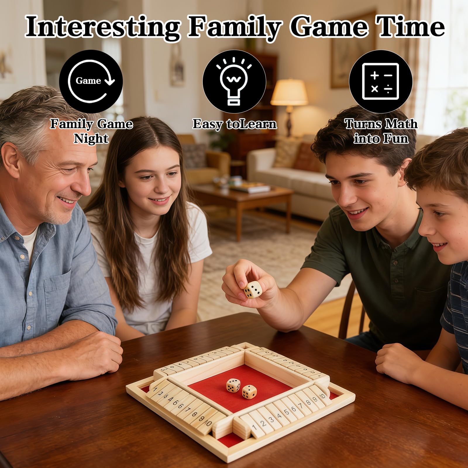 Shut The Box Game, 2-4 Player Family Wooden Board Table Math Games, Travel Games, Stocking Stuffers, Board Games, 2 Dices Tabletop Toys for School