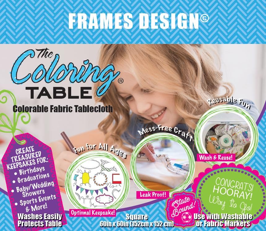 Frame Fun Design - Square Tablecloth 60”X60” - Interactive Coloring Tablecloth for Kids - Poly/Cotton Fabric - Washable and Reusable - DIY Coloring