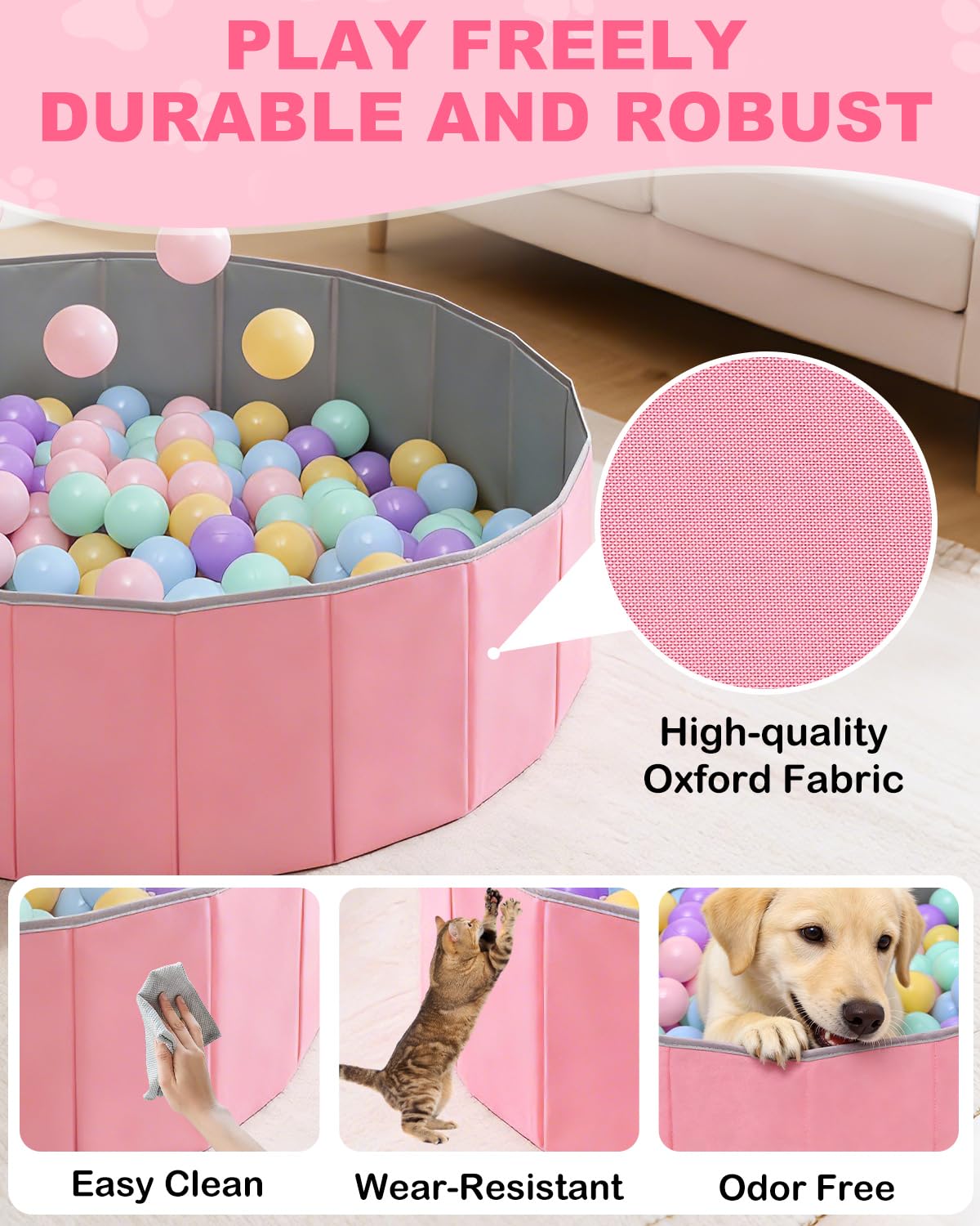 Dog Ball Pit, 40"×13.6" Foldable Balls Pit for Dogs, Pink, No Ball Included