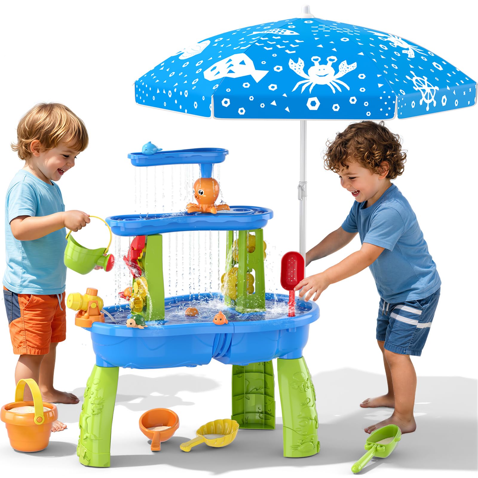 Wee Wonders 3-Tier Water Table with Adjustable Umbrella for Kids, Blue