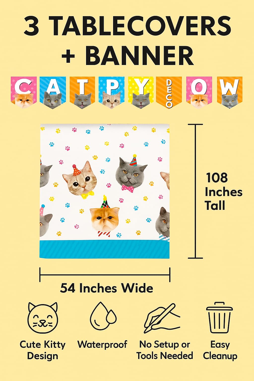 Oojami Cat Party Tablecloth 3 Pack 54"x108" with Happy Birthday Banner