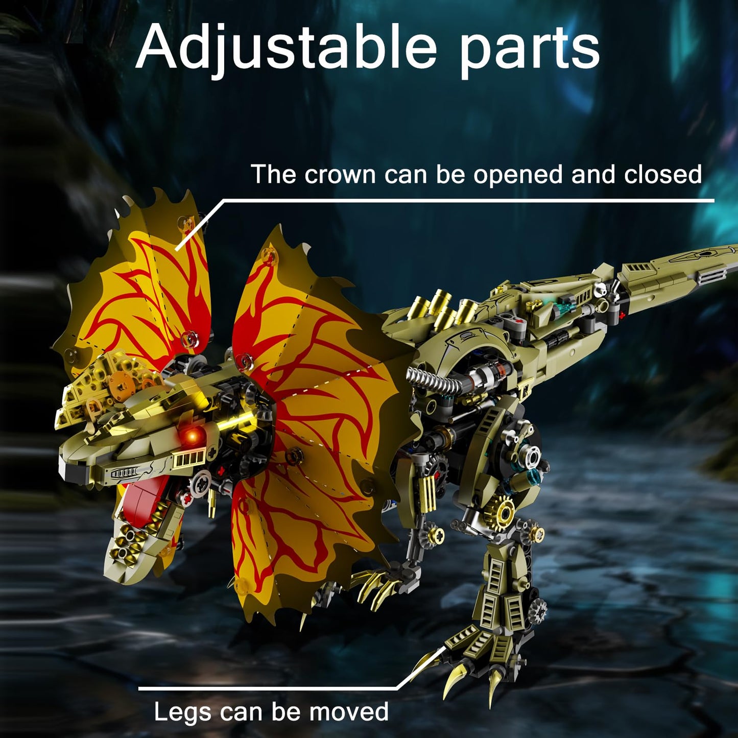Mechanical Dilophosaurus Building Set, Flexible Joints with Light Effects and Realistic Details. Compatible with LEGO Animal Series, Great for Home