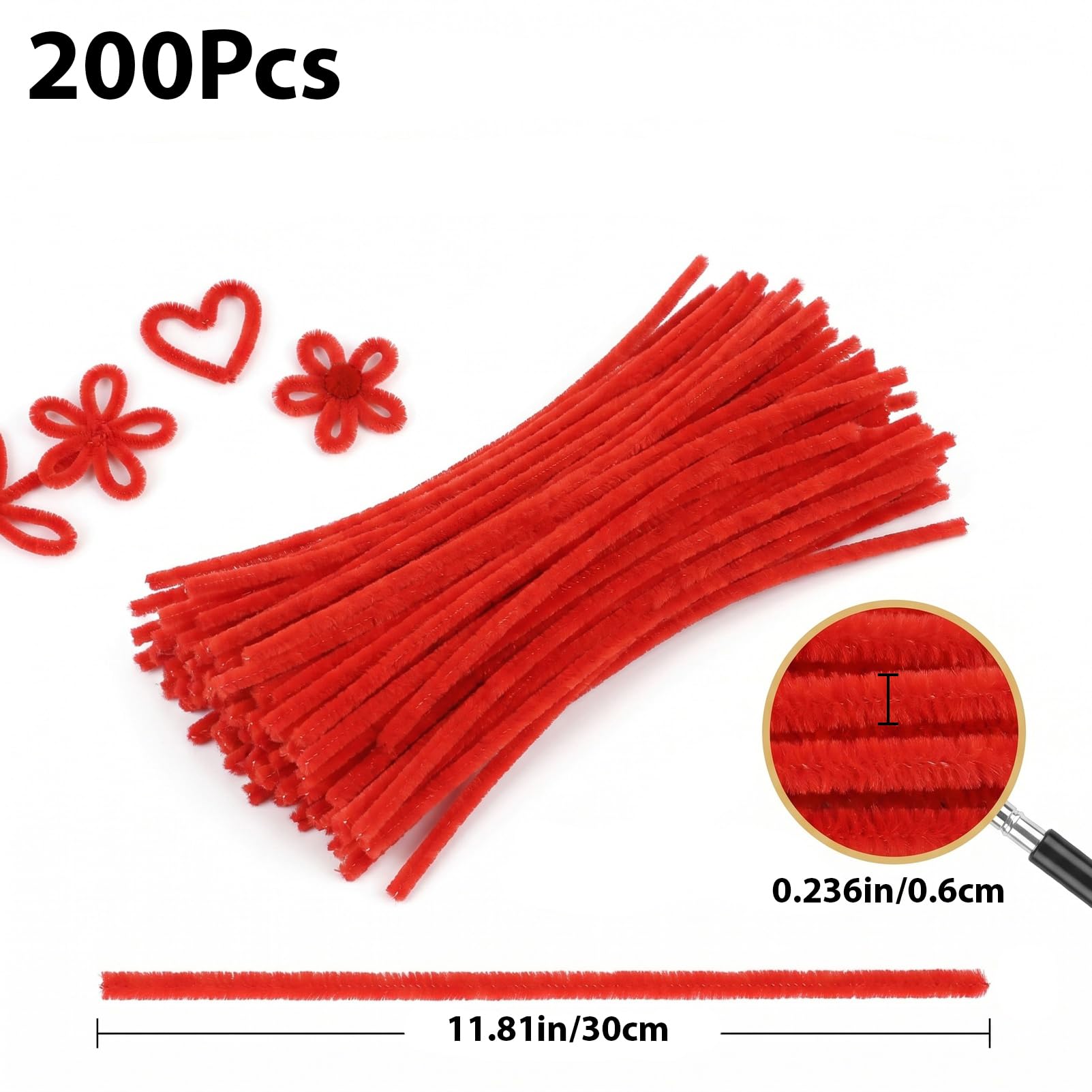 200Pcs Pipe Cleaners, Chenille Stems, Craft Pipe Cleaners for DIY Projects, Art Crafts, Flower Making, Creative Decor (Red)