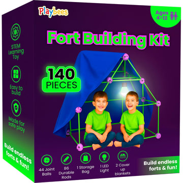 Playbees Fort Building Kit - 140 PCS STEM Toy for Kids Ages 4-12 - Build Tents, Castles & Rockets - Includes Rods, Connectors, 2 Blankets & Flashlight