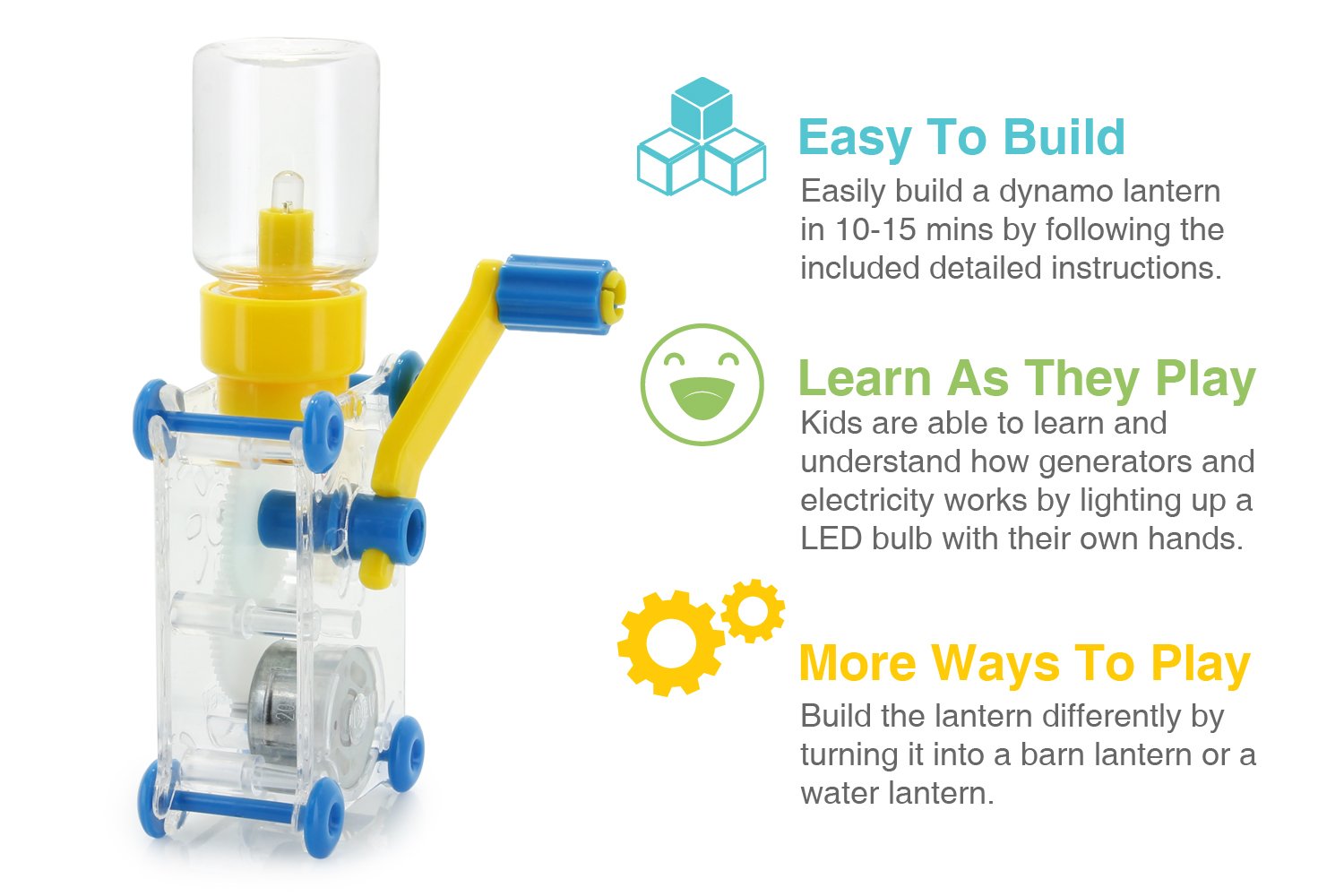 Tenergy ODEV Dynamo Lantern Educational STEM Building Toy, Hand Cranked Power Generator, Light Bulb Science Experiments Kits for Kids Age 14+
