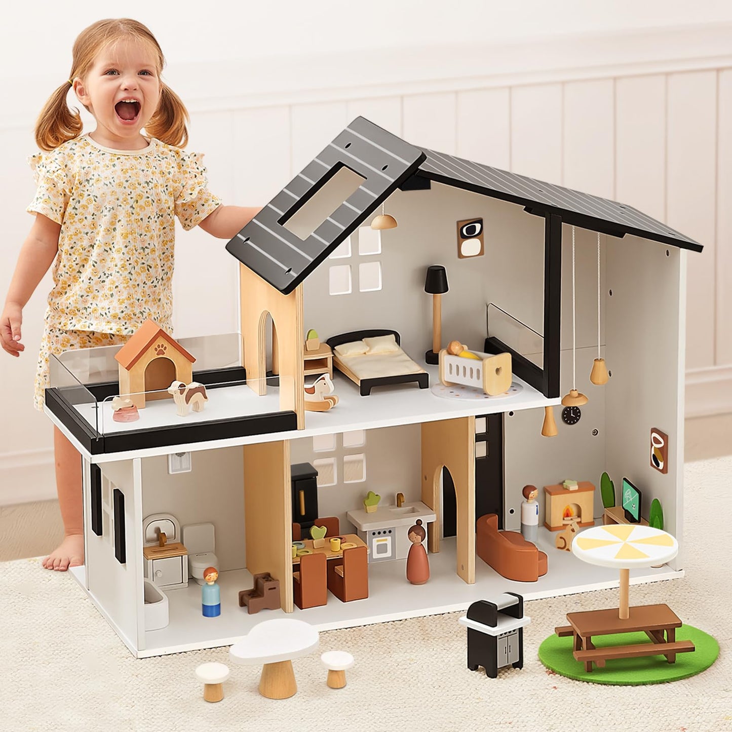OOOK Wooden Dollhouse, Modern Doll House with 66Pcs Luxurious Furniture Accessories, Including Dolls and Pet Sets, Wood Dollhouse Toy for Boys