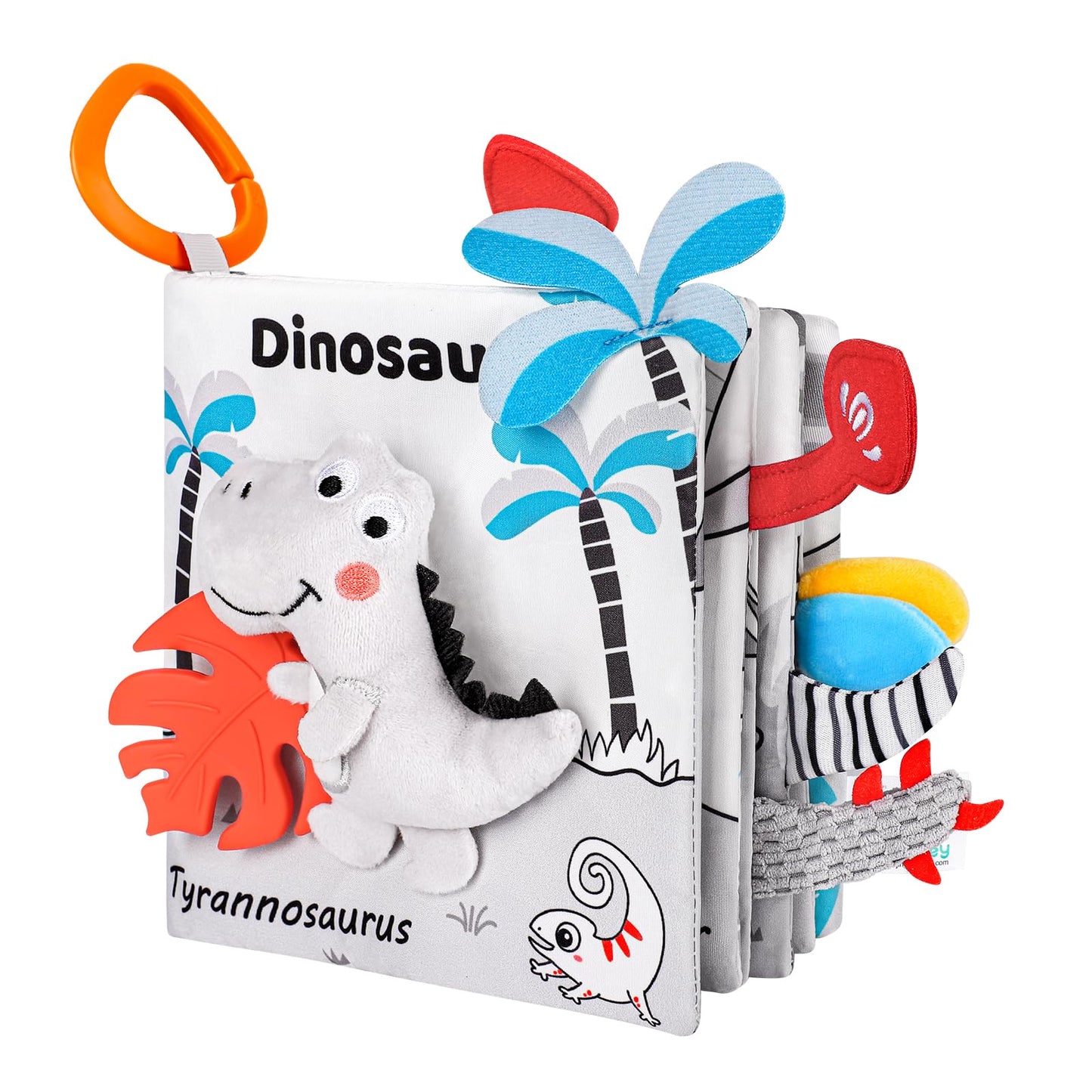 Odeepstar Dinosaur Fabric Book- Crinkle Sound, Touch & Feel, Press Squeaker with Soft Tail Plus Teether Feature - Baby Books Toys for Newborn Infants
