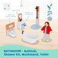 OOOK Wooden Dollhouse Furniture Set for Kids, 26 Pcs Dollhouse Accessories with 4 Family Dolls and Dog, Miniature Doll House Furniture Toys Pretend
