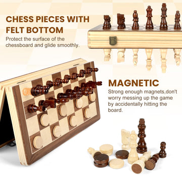 LEAP Magnetic Wooden Chess Checker Sets 15.5 inch Foldable Chess Board 3 inch King Height Chess Pieces, Upper Magnetic Checker Storage Slots