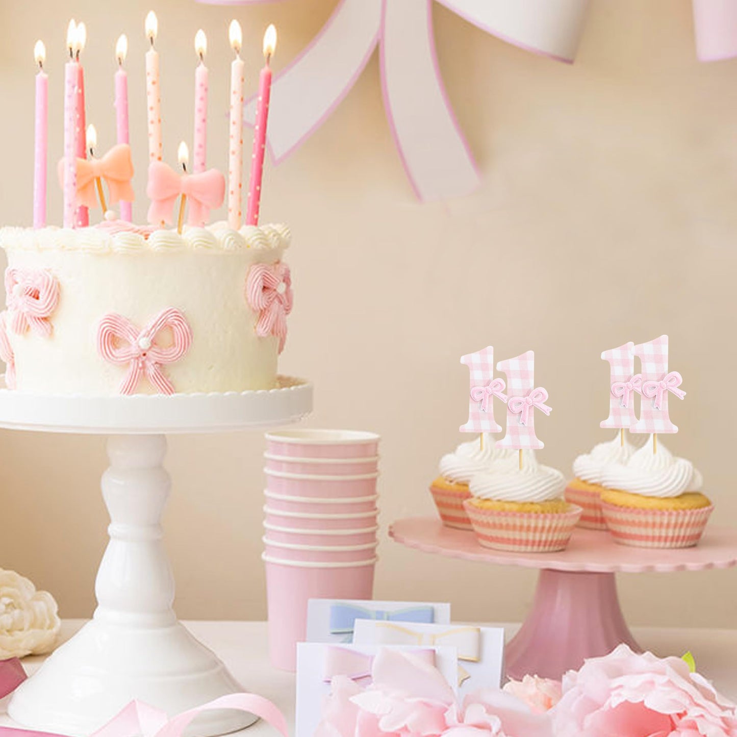 12Pcs Bow 1st Birthday Cupcake Toppers - Sweet One Birthday Decorations,First Wedding Anniversary Bowknot Cupcake Toppers,Pink Bow Cake Smash Photo
