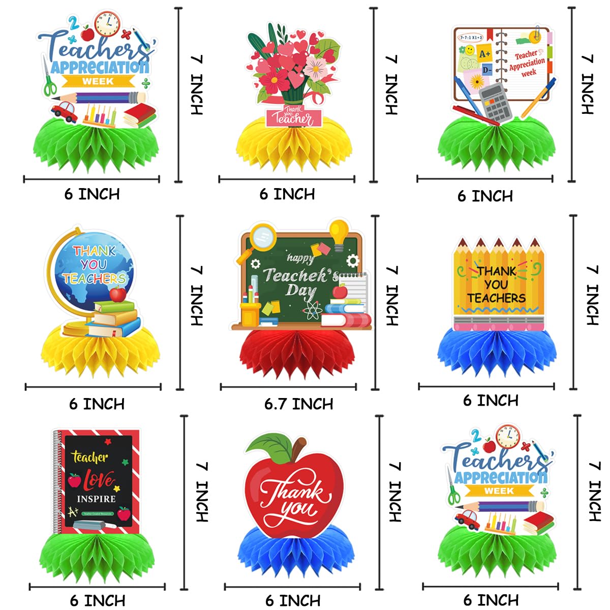 Teacher Appreciation Week Table Decorations Honeycomb Centerpieces, 9PCS Teacher Appreciation Decorations 3D Double Side Table Topper Sign Thank You