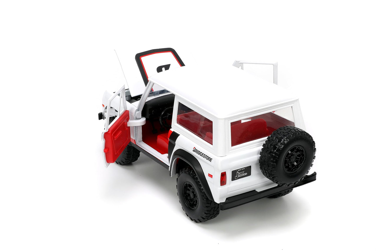 Jada Just Trucks 1:24 1973 Ford Bronco Bridgestone Die-Cast Truck & Tire Rack, Toys for Kids and Adults(White/Red)
