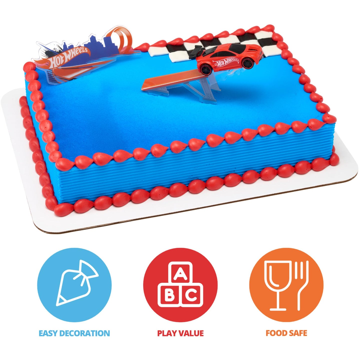 DecoSet® Hot Wheels™ Supreme Speed Cake Topper, Car Cake Decoration Set with Vehicle cake topper, Ramp and Background Pics, 3 Piece Set | For Birthday