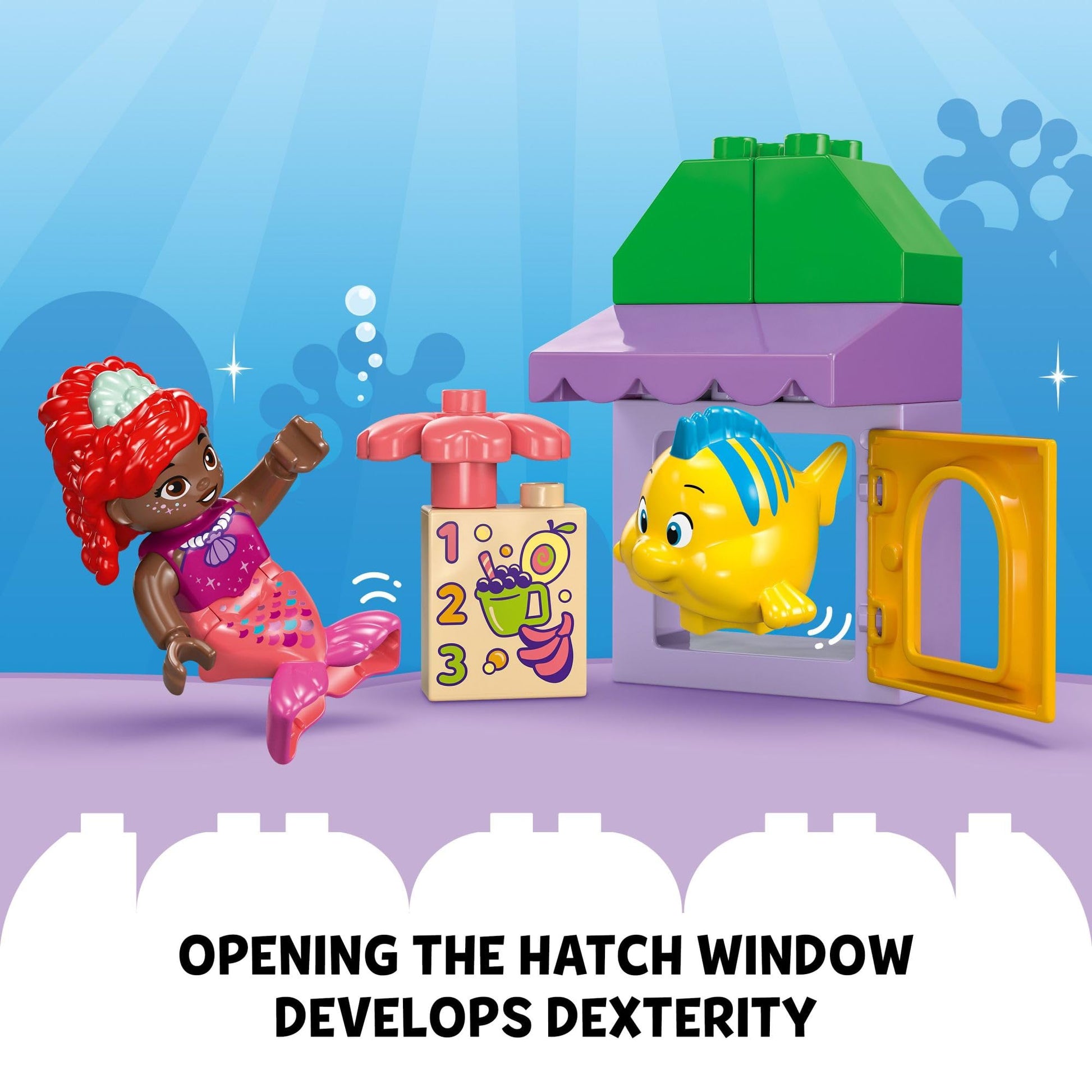 LEGO DUPLO Disney Ariel and Flounder’s Café Stand The Little Mermaid Toy, Educational Toy, Kids Play Food and Fruit, Kids Learning Toy, Building Set