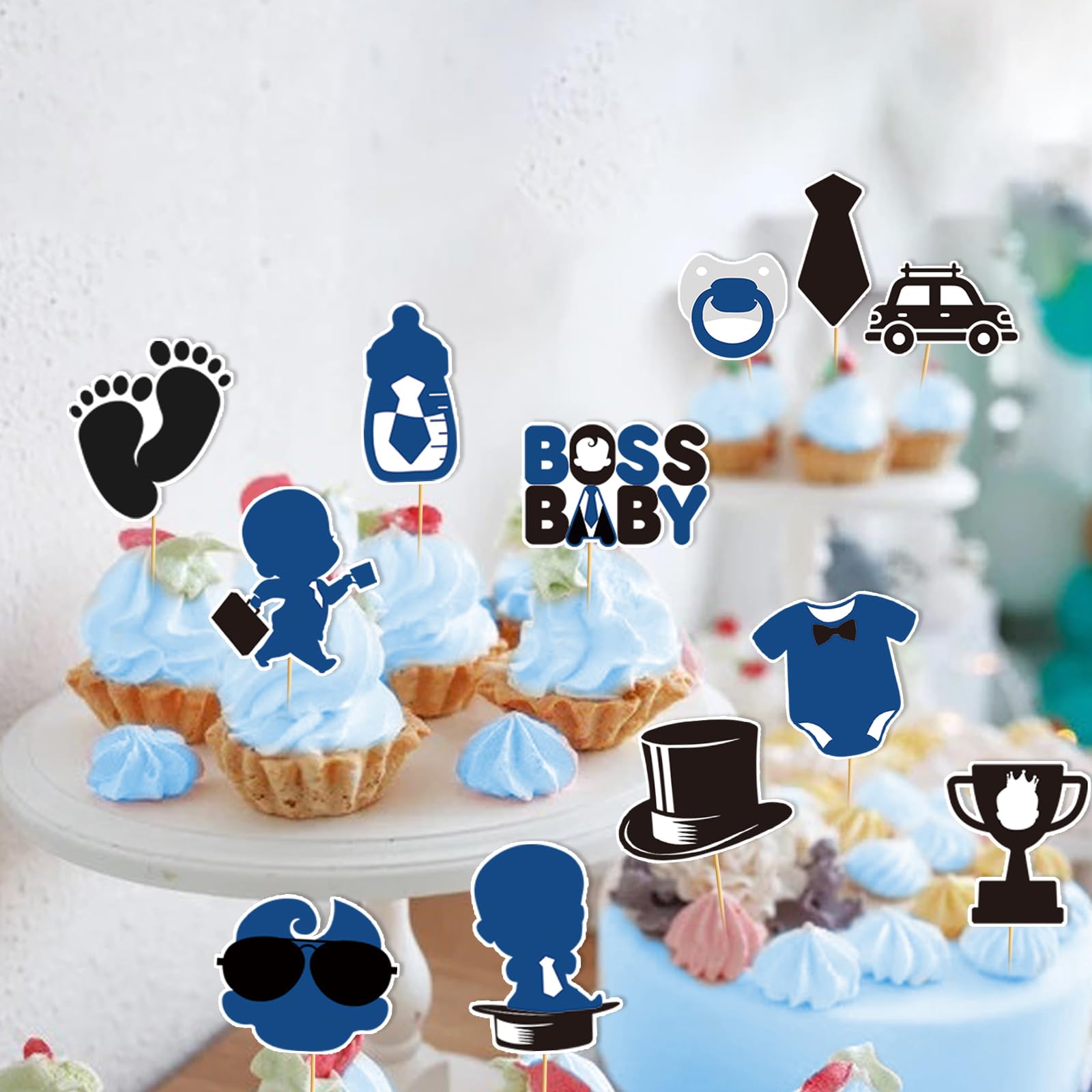 24pcs Baby Boy Cake Topper Baby Shower Cake Decorations Boss Party Decorations Boys Gender Reveal Party Decorations Birthday Party Supplies
