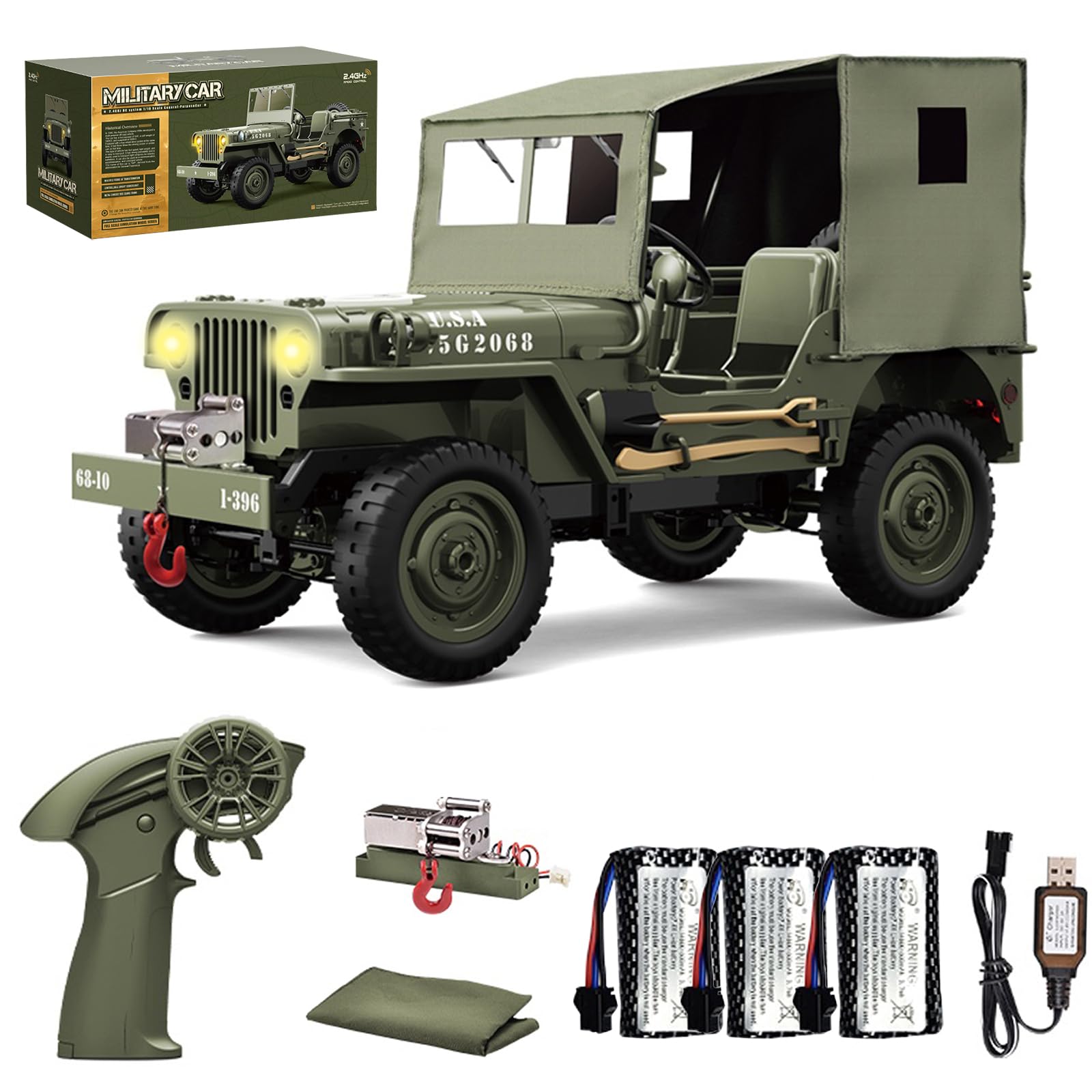 Hylukon RC Crawler, 1:10 Scales Upgraded Willys Military Jeep with Linked Lights Winch & Canvas Cover, 2.4Ghz 4WD Off Road RC Car, All Terrain