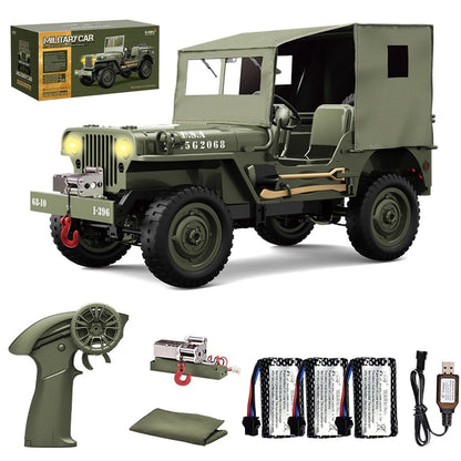 Hylukon RC Crawler, 1:10 Scales Upgraded Willys Military Jeep with Linked Lights Winch & Canvas Cover, 2.4Ghz 4WD Off Road RC Car, All Terrain