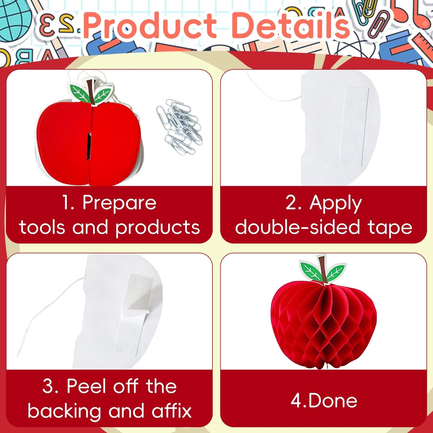 6 Pack 4.3 x 5.7 Inch Apple Honeycomb Decorations, Stand or Hang Tissue Paper Centerpieces, 3D Red Fruit Ornaments for Back to School, Teacher