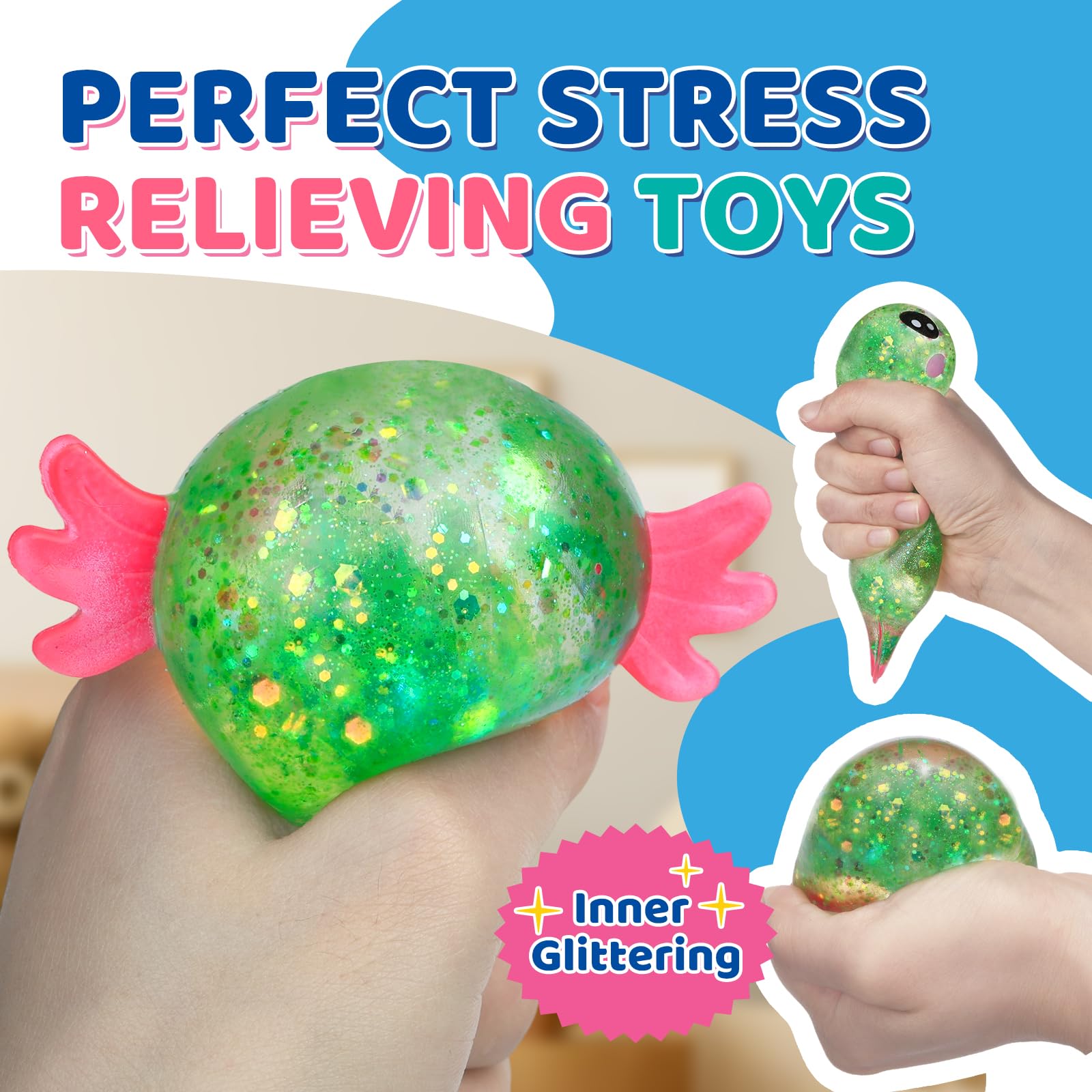 8 Pack Slow Rising Stress Ball, Cute Axolotl Stretchy Fidget Toys for Kids Adults, Slow Rebound Squeeze Balls for Hand Tactile Play, Ideal for