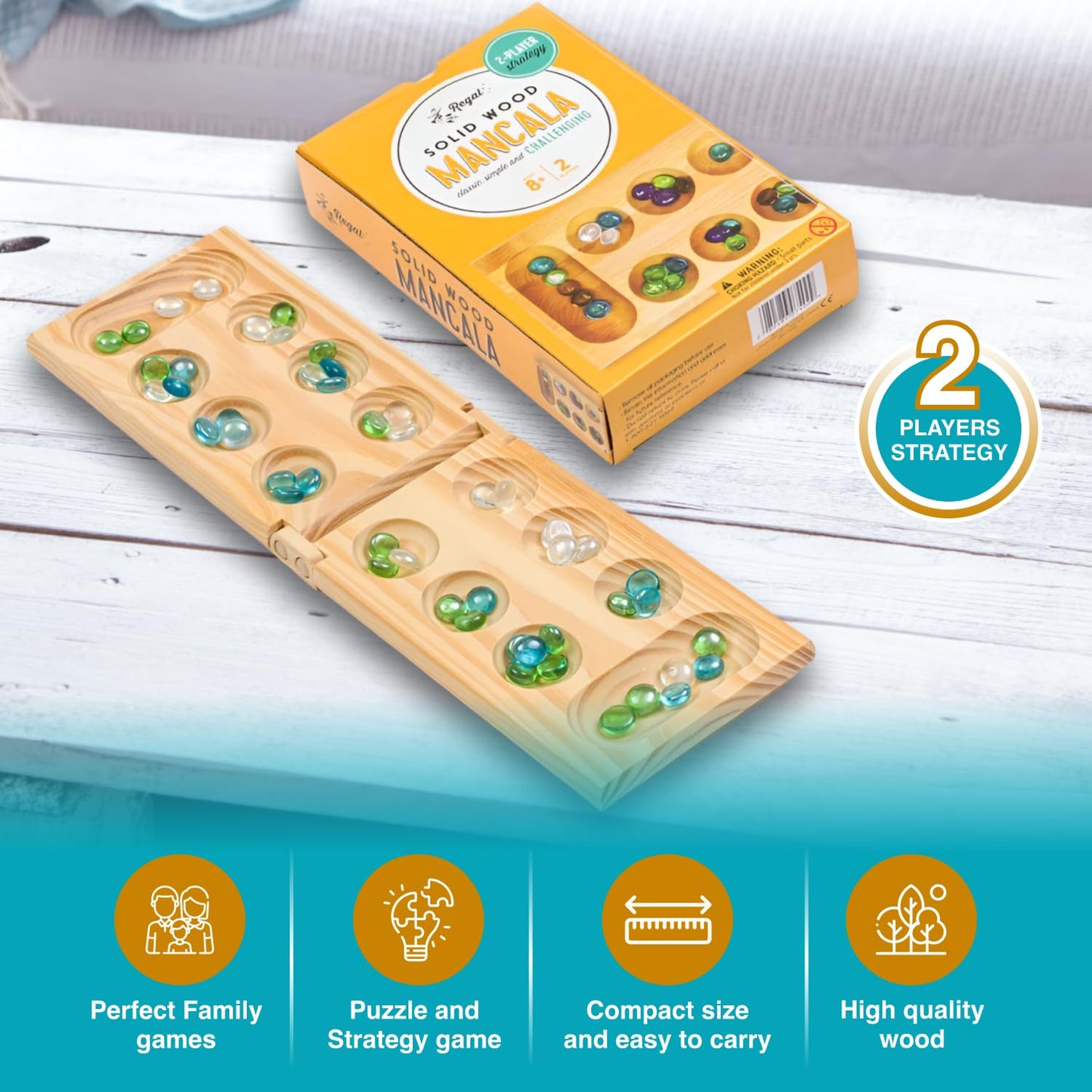 Regal Games Mancala Board Game - Fun Classic Table Game with Wooden Board for Adults & Kids - 48 Glass Mancala Beads & 2 Player Games - Ideal