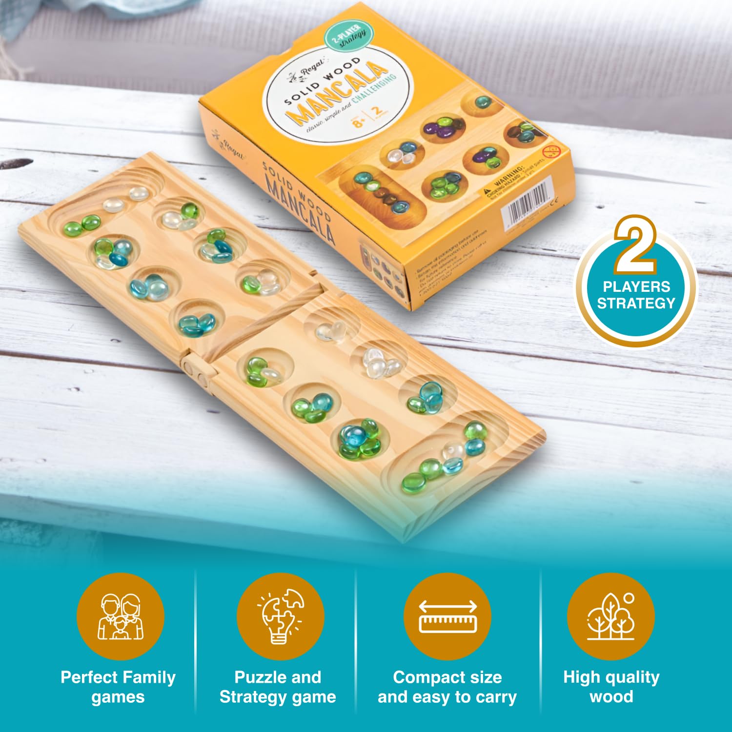 Regal Games Mancala Board Game - Fun Classic Table Game with Wooden Board for Adults & Kids - 48 Glass Mancala Beads & 2 Player Games - Ideal