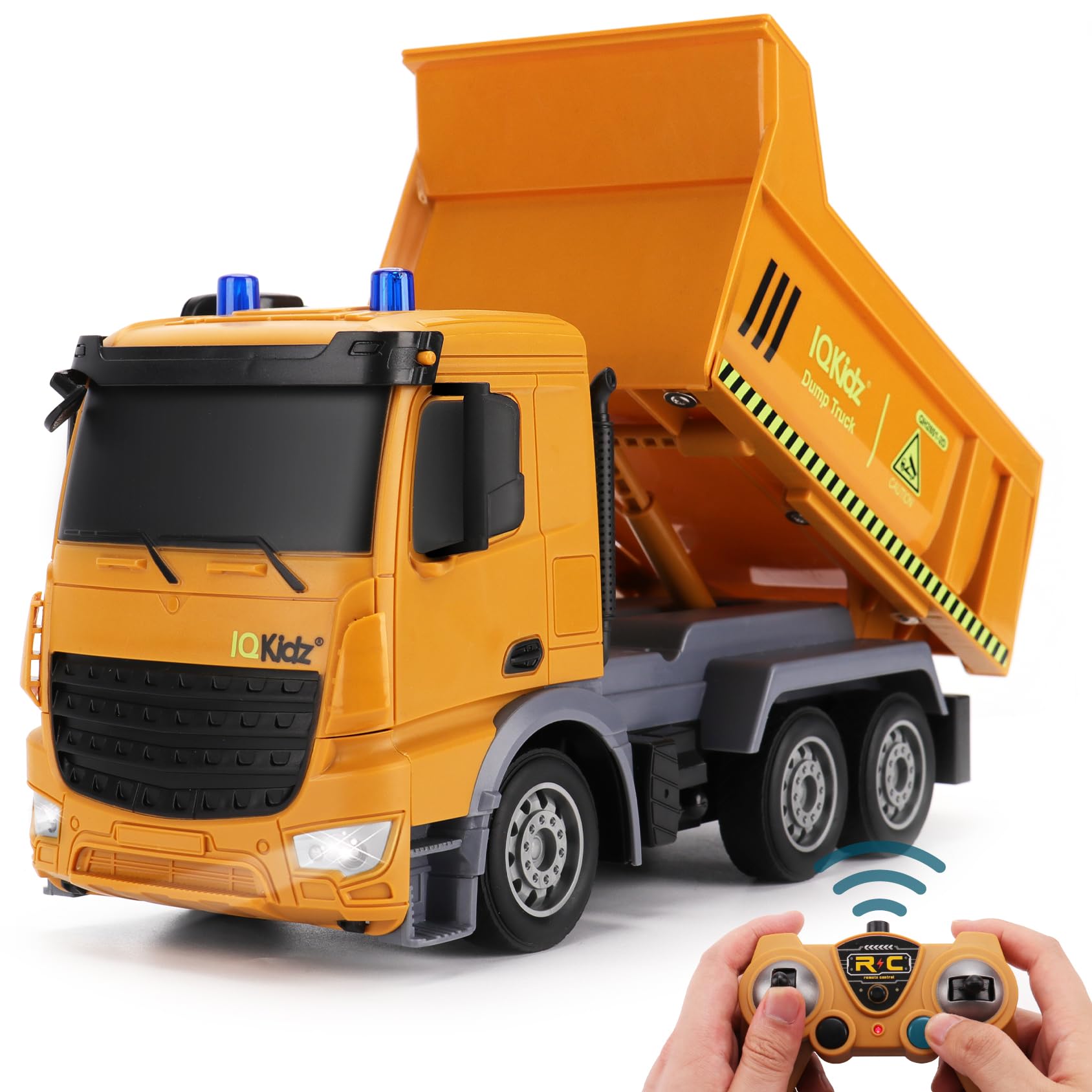 IQKidz Remote Control Dump Truck Toys - RC Construction Vehicles with Blue Warning Lights, Trucks Toy for Boys Girls 3 4 5-7 8 9 10 Year Old and Up