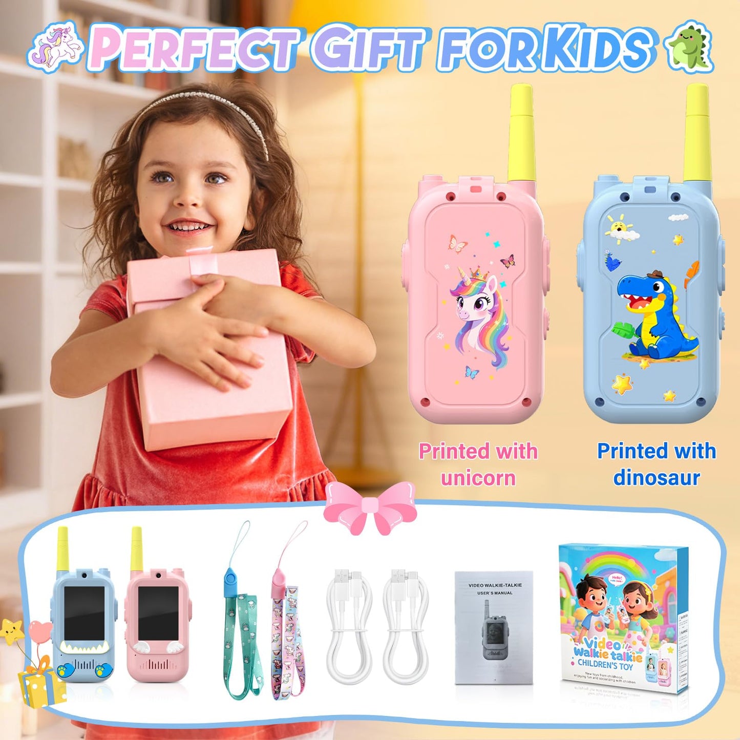Video Walkie Talkies for Kids,ELFEYE Handheld Rechargeable Video/Voice Call Children Walkies Talkies,Toddler Toy for Indoor Outdoor Games,Camping